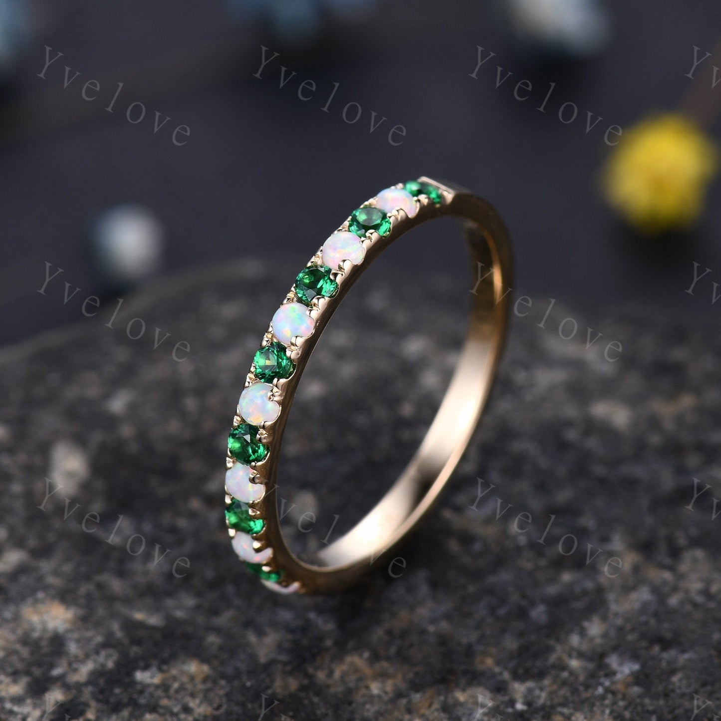 Emerald opal wedding band half eternity art deco emerald opal ring 14k rose gold gemstone promise bridal matching band May birthstone custom