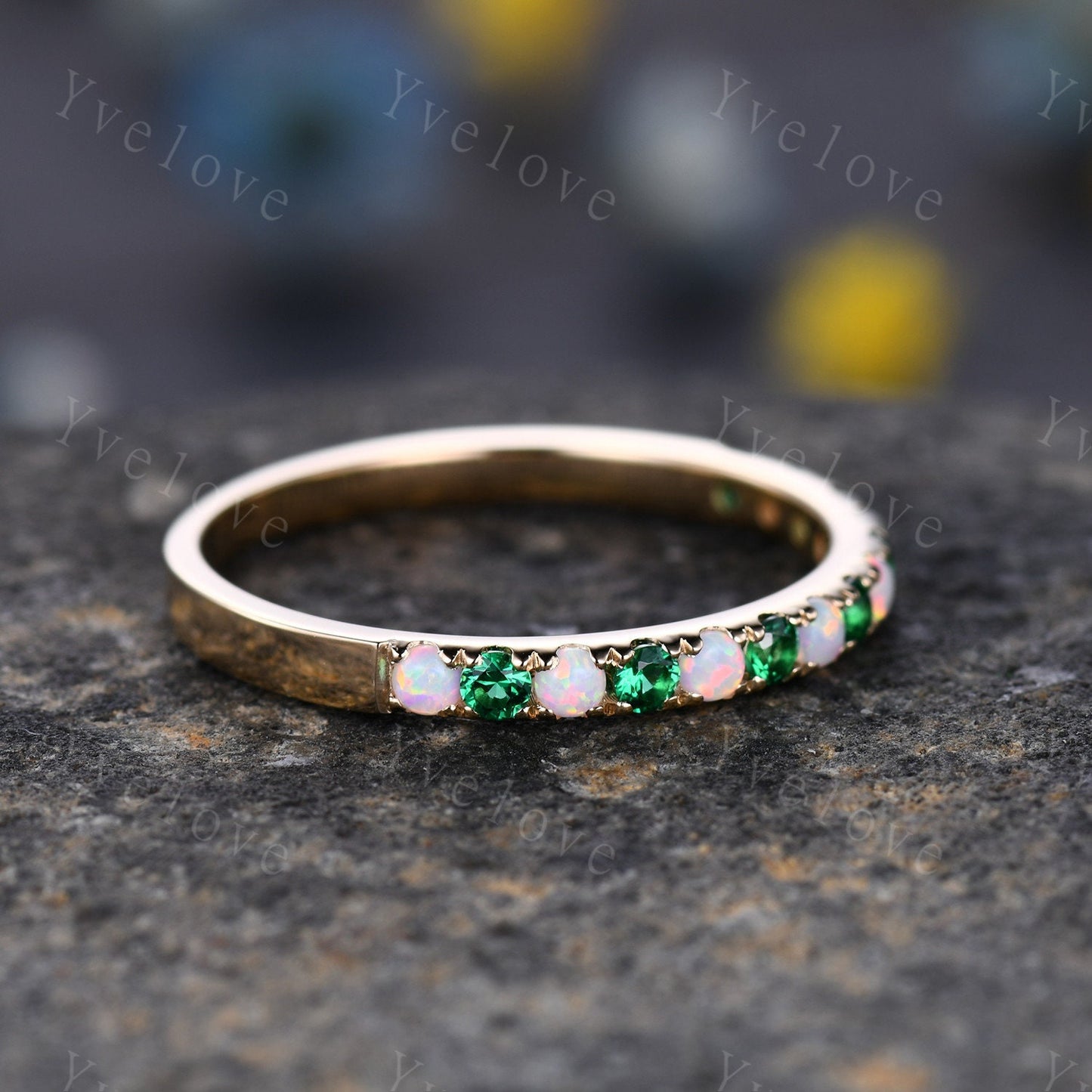 Emerald opal wedding band half eternity art deco emerald opal ring 14k rose gold gemstone promise bridal matching band May birthstone custom