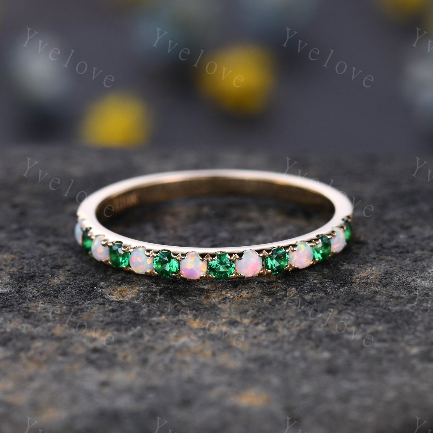 Emerald opal wedding band half eternity art deco emerald opal ring 14k rose gold gemstone promise bridal matching band May birthstone custom