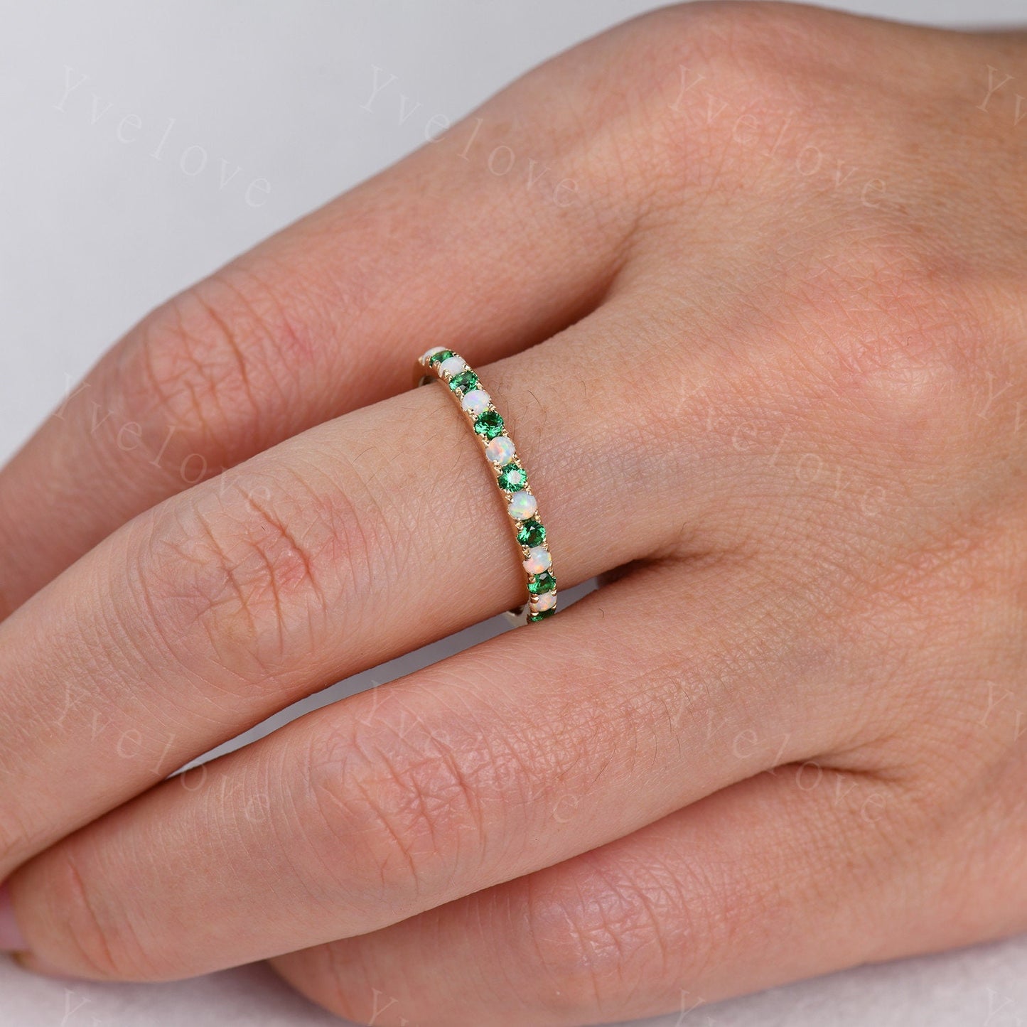 Emerald opal wedding band half eternity art deco emerald opal ring 14k rose gold gemstone promise bridal matching band May birthstone custom
