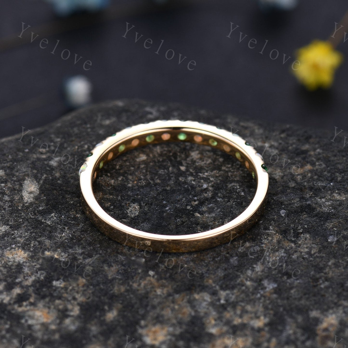 Emerald opal wedding band half eternity art deco emerald opal ring 14k rose gold gemstone promise bridal matching band May birthstone custom