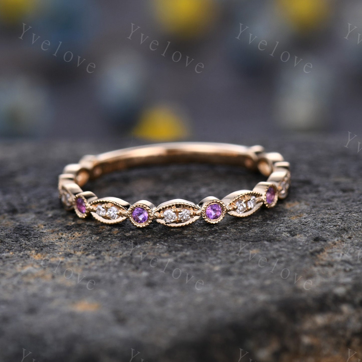 Amethyst diamond ring 14k rose gold 3/4 eternity promise ring natural birthstone matching band pave set Milgrain Marquise Style Gift for her