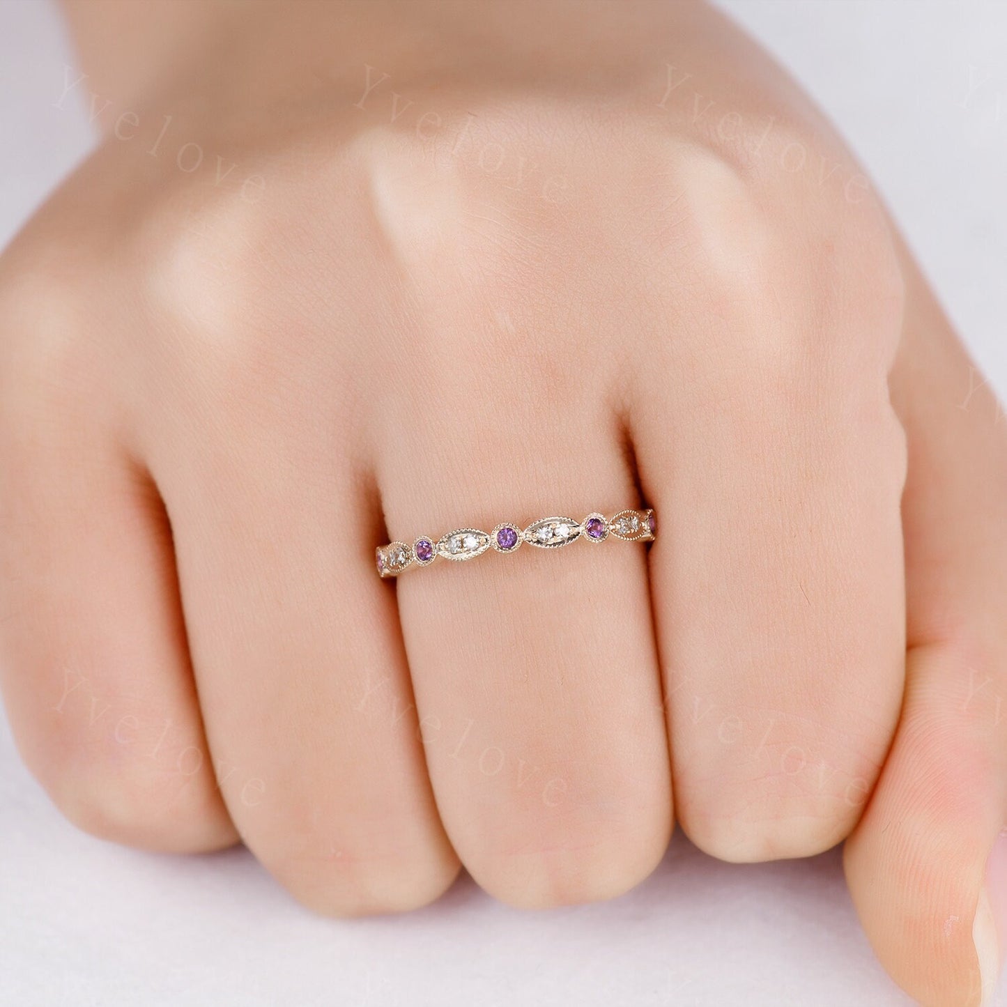 Amethyst diamond ring 14k rose gold 3/4 eternity promise ring natural birthstone matching band pave set Milgrain Marquise Style Gift for her