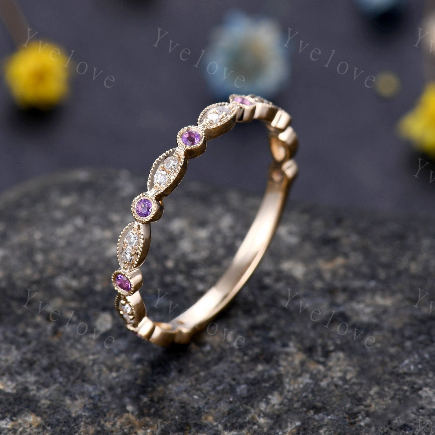 Amethyst diamond ring 14k rose gold 3/4 eternity promise ring natural birthstone matching band pave set Milgrain Marquise Style Gift for her