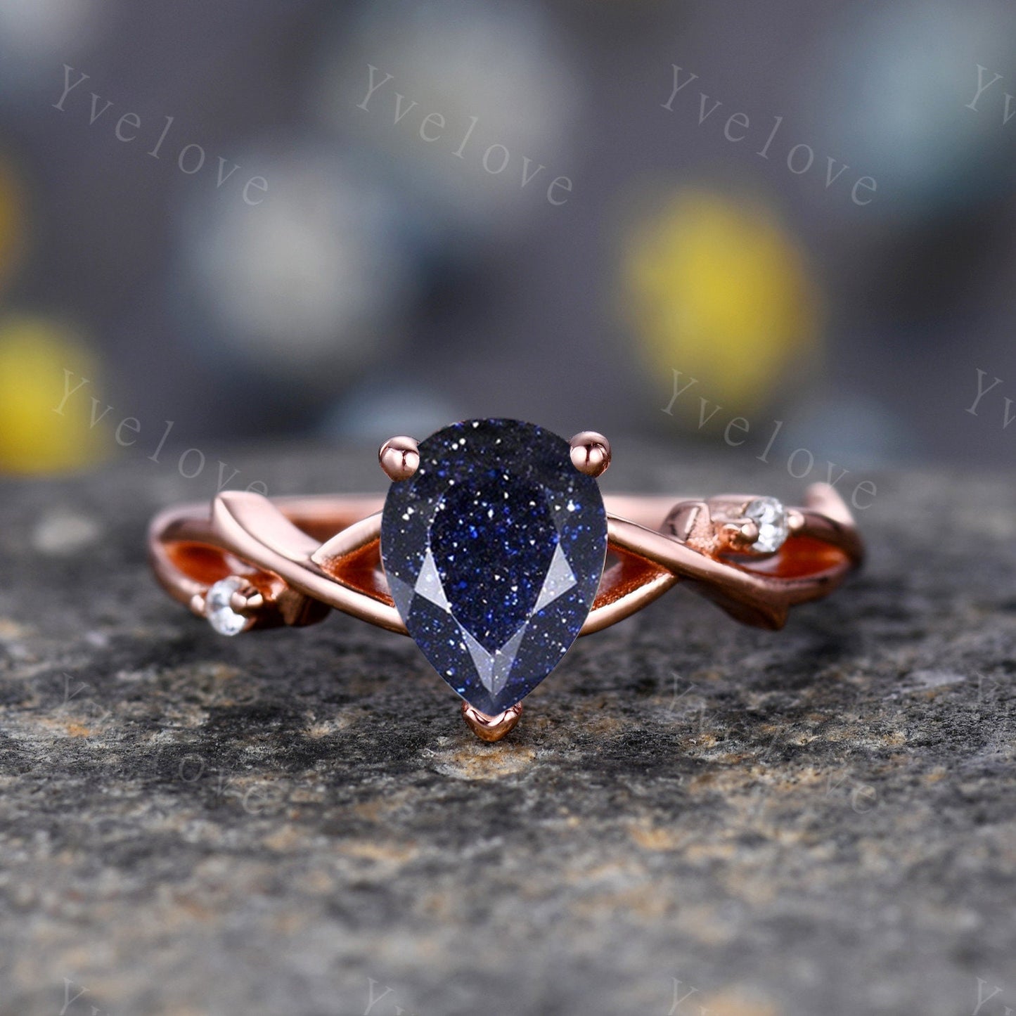 Blue Sandstone Engagement Ring Set,Galaxy Sandstone Ring,Sterling Silver Ring Set,Anniversary Gift,Outer Space Ring,Twisted Ring Bridal Set