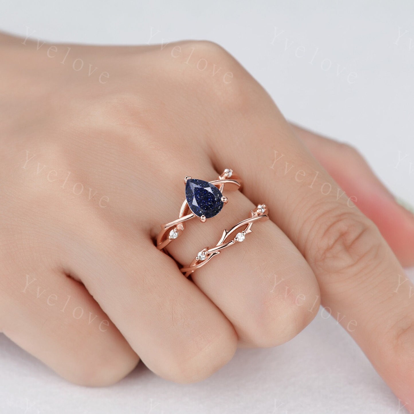 Blue Sandstone Engagement Ring Set,Galaxy Sandstone Ring,Sterling Silver Ring Set,Anniversary Gift,Outer Space Ring,Twisted Ring Bridal Set