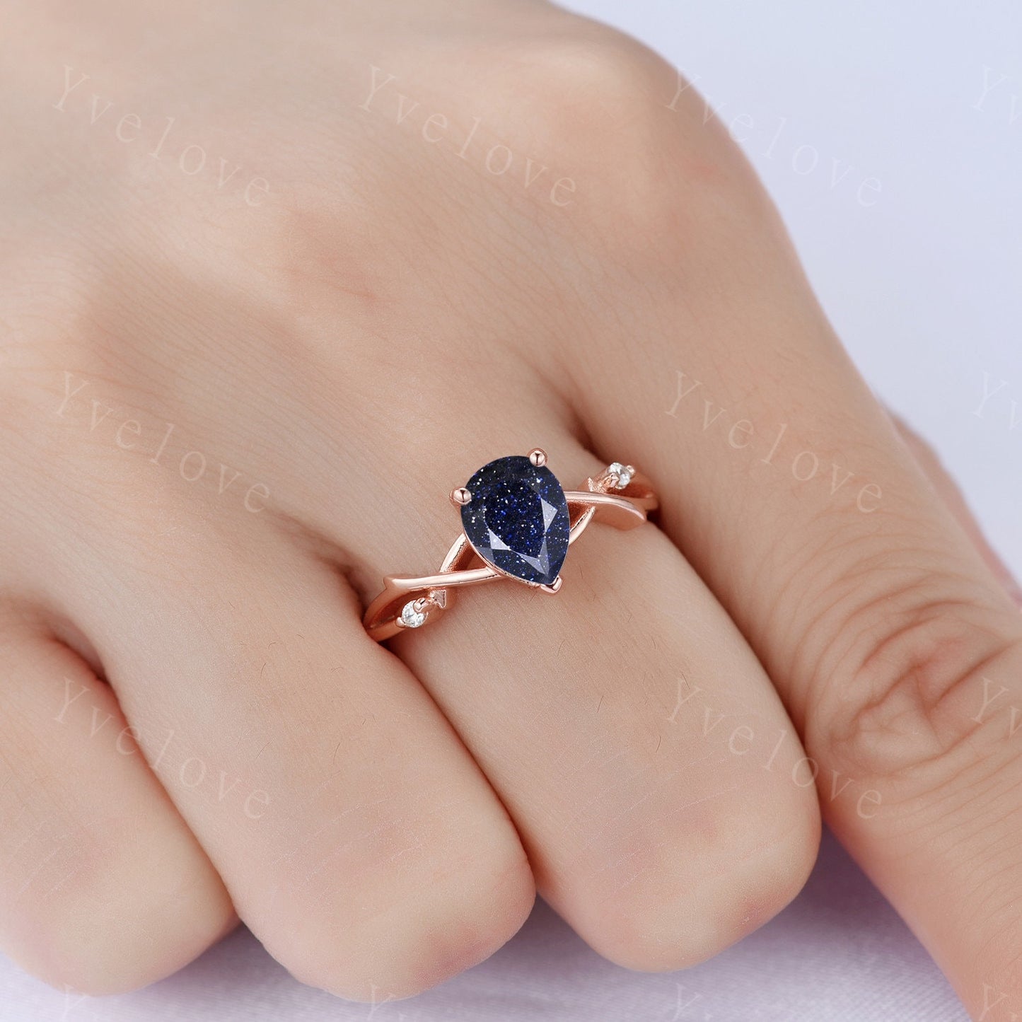 Blue Sandstone Engagement Ring Set,Galaxy Sandstone Ring,Sterling Silver Ring Set,Anniversary Gift,Outer Space Ring,Twisted Ring Bridal Set