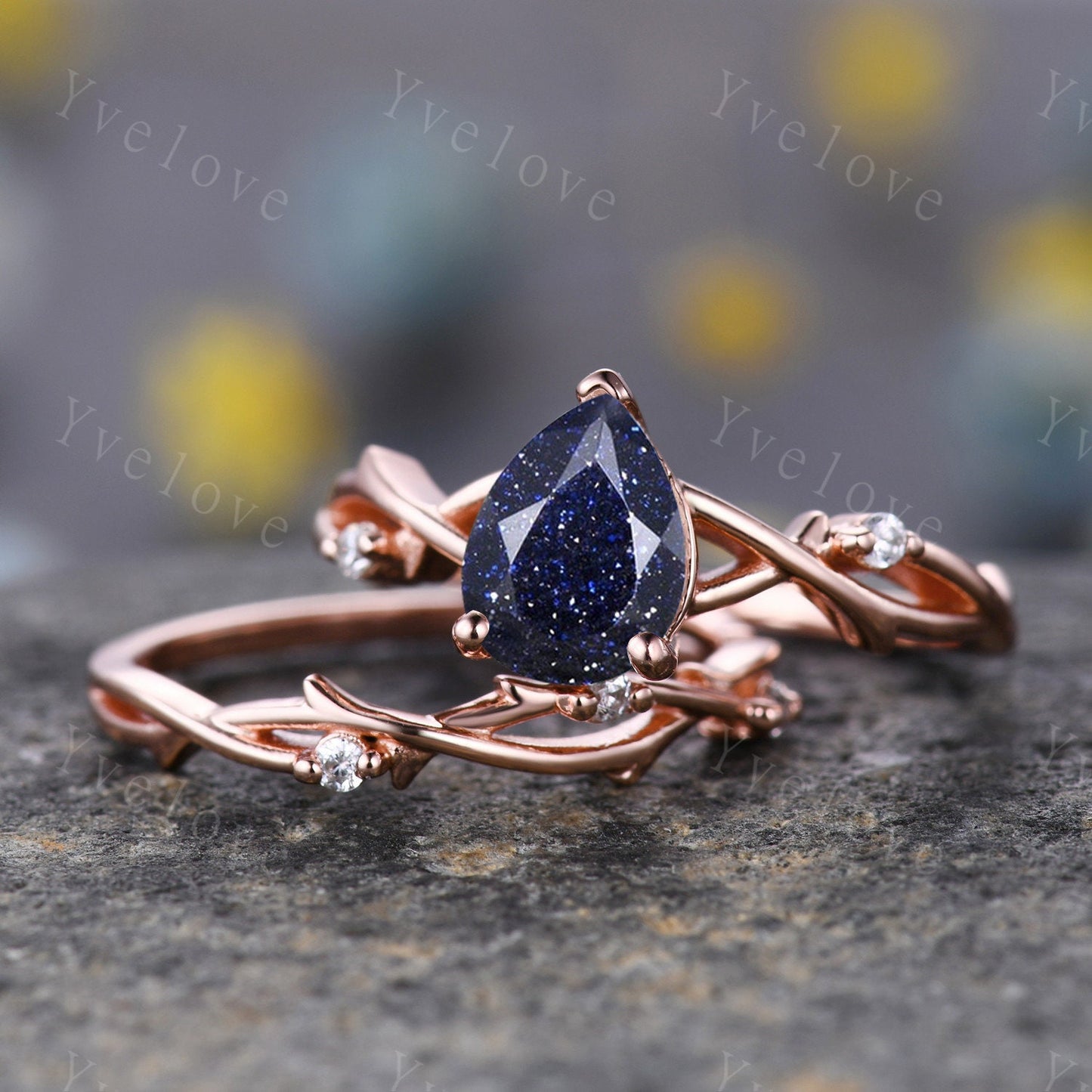 Blue Sandstone Engagement Ring Set,Galaxy Sandstone Ring,Sterling Silver Ring Set,Anniversary Gift,Outer Space Ring,Twisted Ring Bridal Set