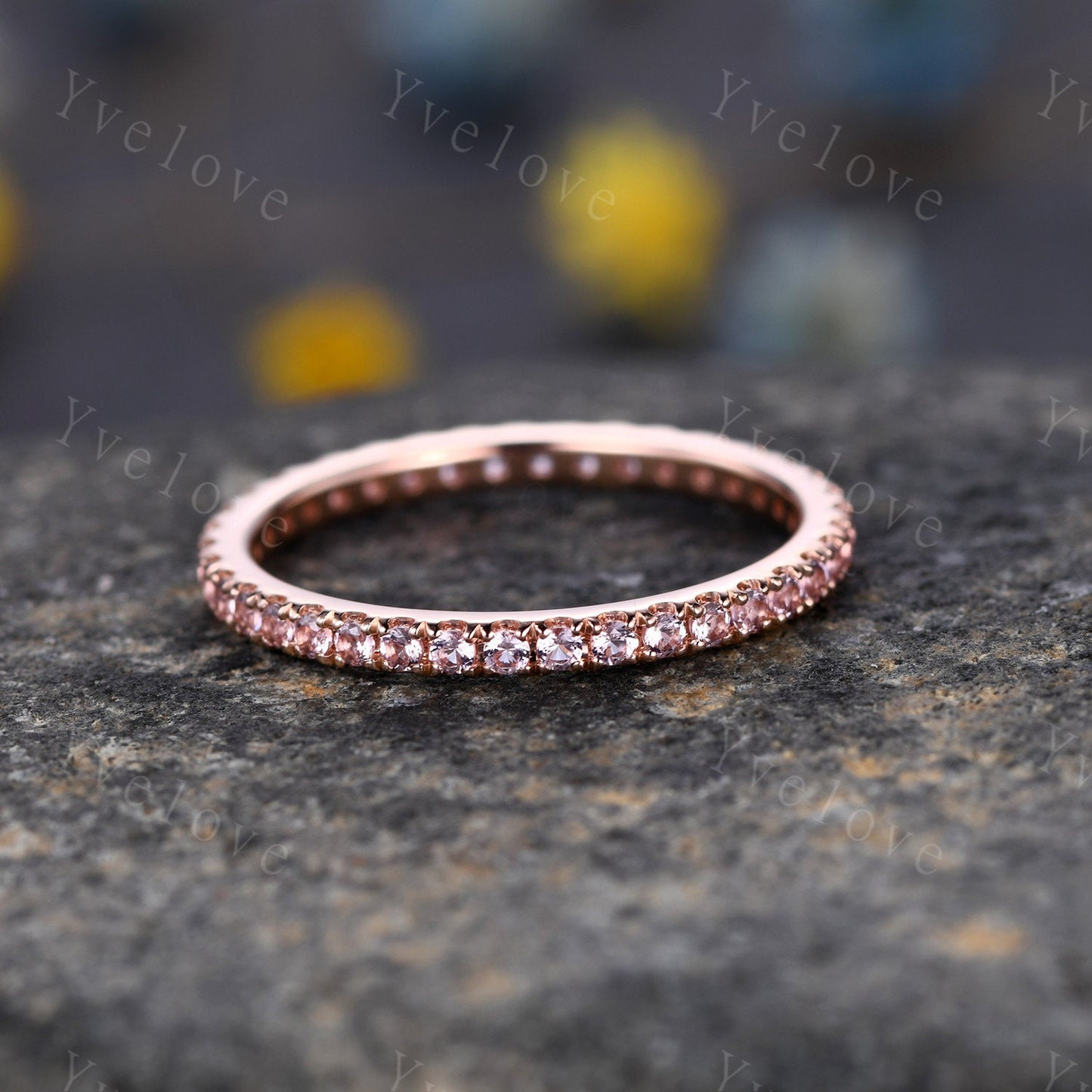 Pink Morganite wedding ring full eternity morganite engagement ring danity wedding band  sterling silver women matching band stacking ring