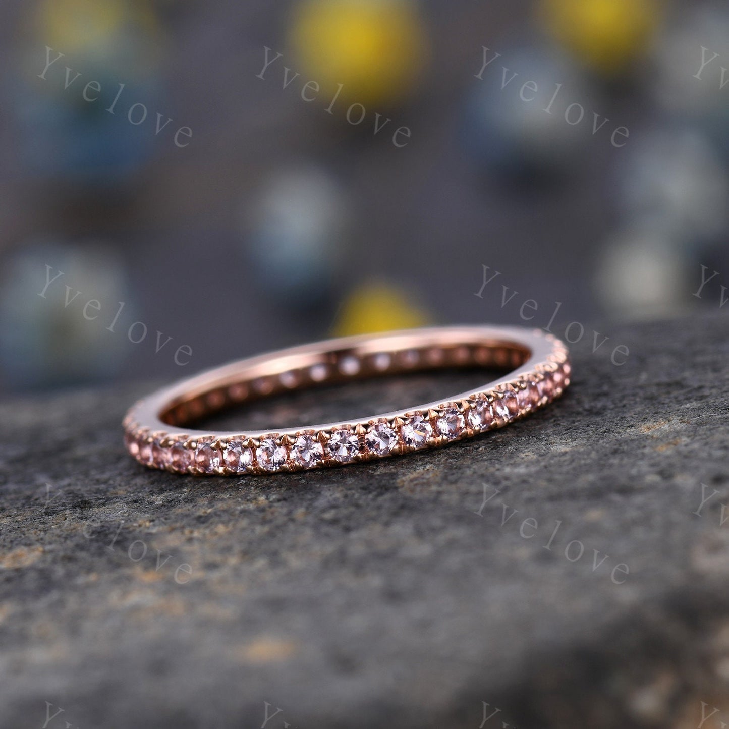 Pink Morganite wedding ring full eternity morganite engagement ring danity wedding band  sterling silver women matching band stacking ring