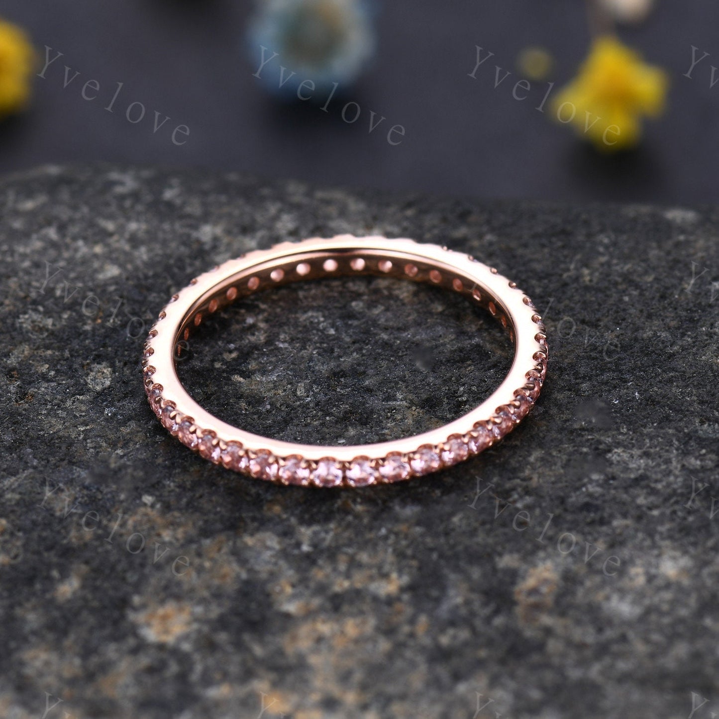 Pink Morganite wedding ring full eternity morganite engagement ring danity wedding band  sterling silver women matching band stacking ring