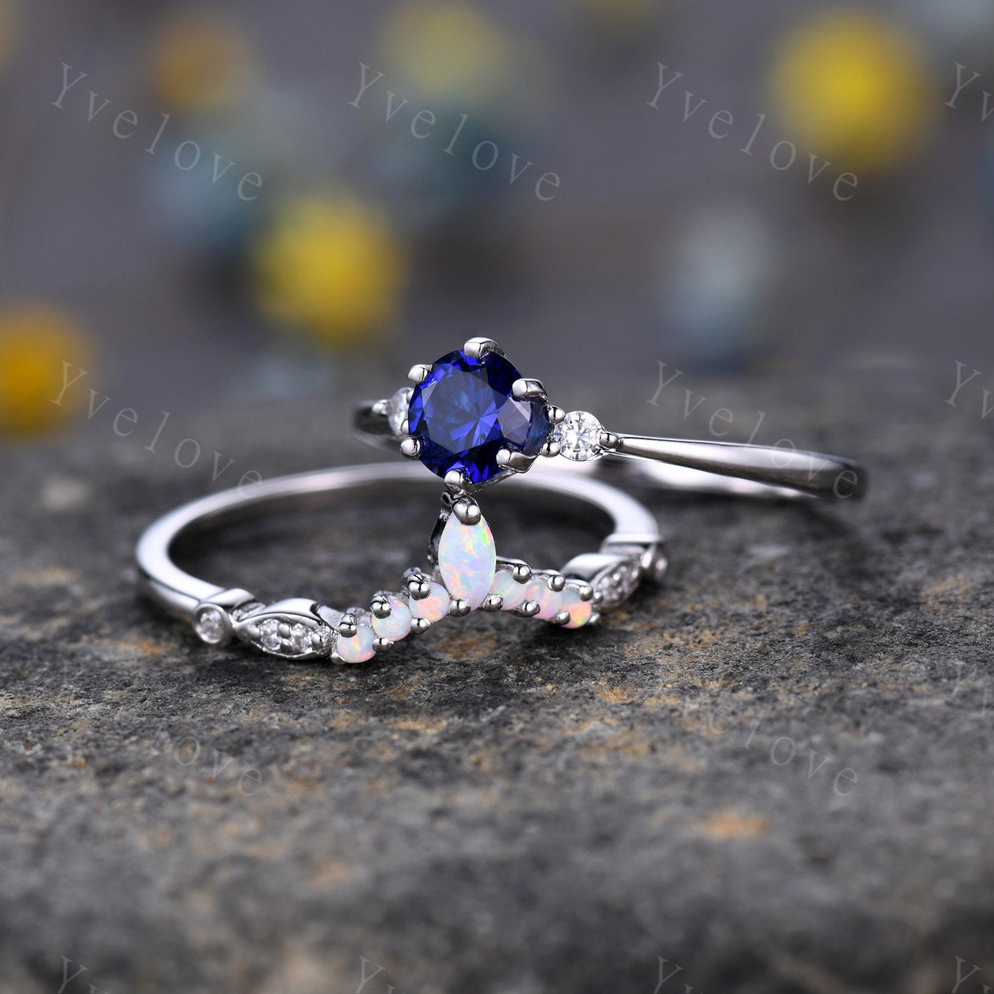 Blue sapphire ring set diamond engagement ring white gold eternity opal curved stacking matching band promise jewelry September birthstone