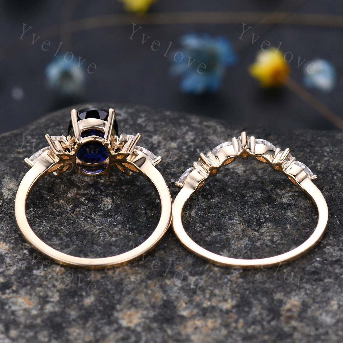 Blue Sapphire Ring Oval Sapphire Engagement Ring Rose Gold Women Moissanite Sapphire Wedding Ring Set Art Deco Stacking Bridal Set 14k