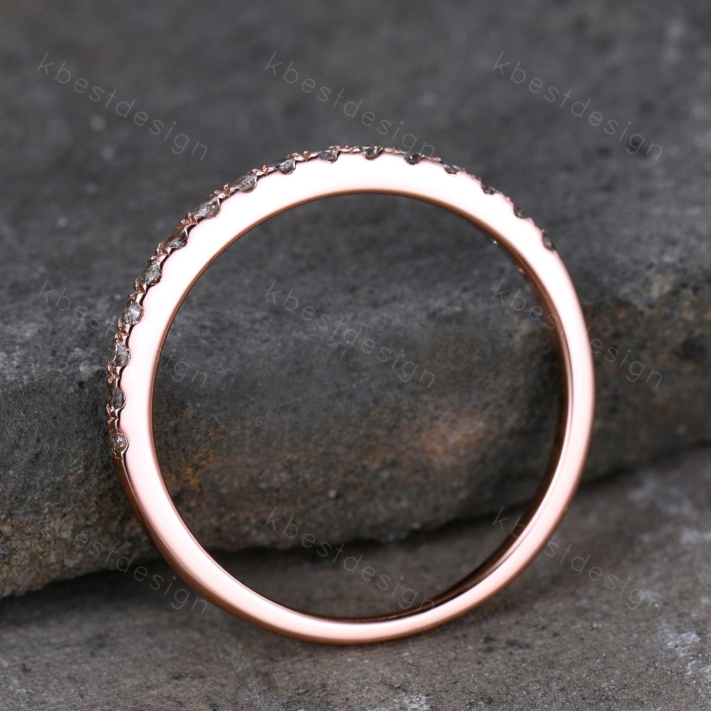 Dainty Thin 1.5mm Salt and Pepper Diamond Wedding Band Rose Gold Half Eternity Diamond Ring Delicate Stacking Matching Anniversary Gift