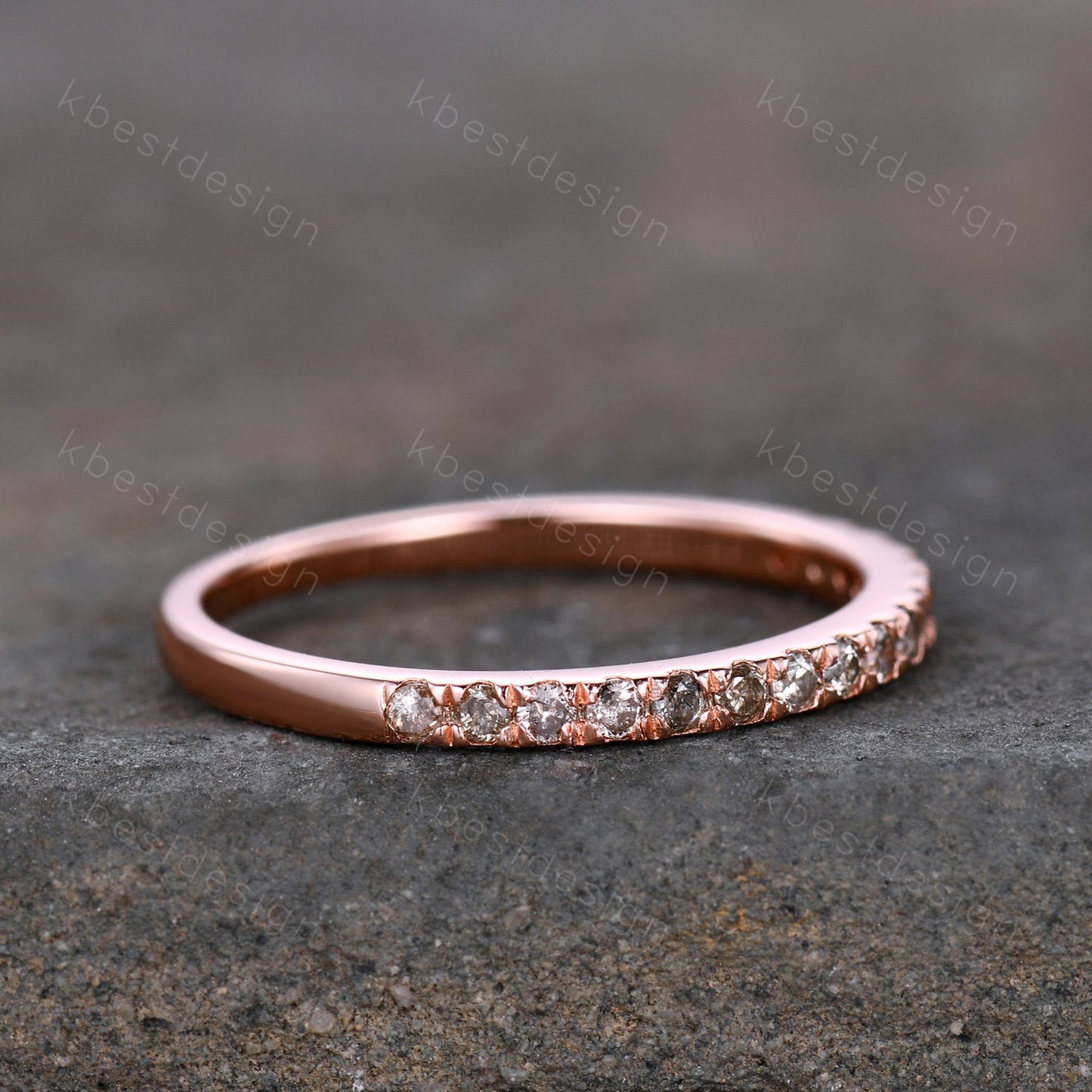 Dainty Thin 1.5mm Salt and Pepper Diamond Wedding Band Rose Gold Half Eternity Diamond Ring Delicate Stacking Matching Anniversary Gift