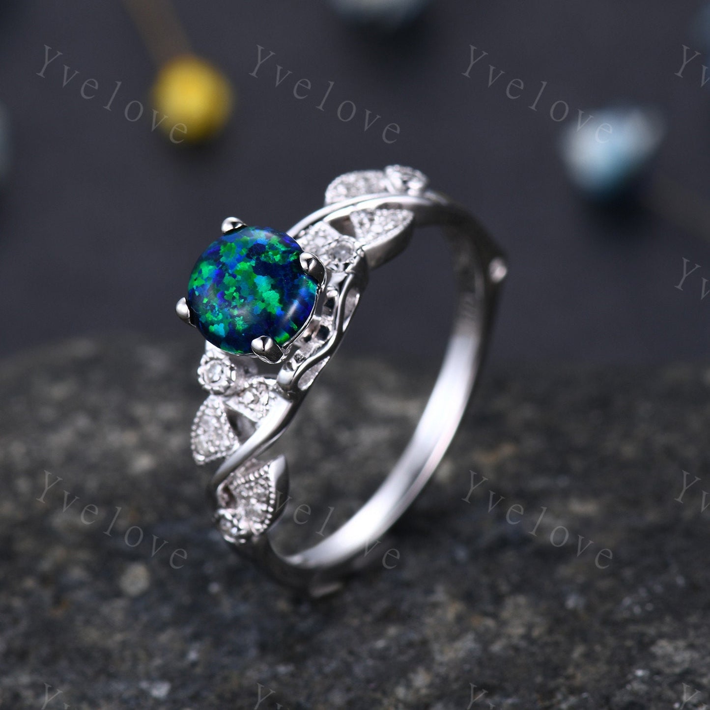 Vintage Black Opal Engagement Ring White Gold Blue Opal Diamond Wedding Ring Bridal Ring October Birthstone Promise Anniversary Gift For Her
