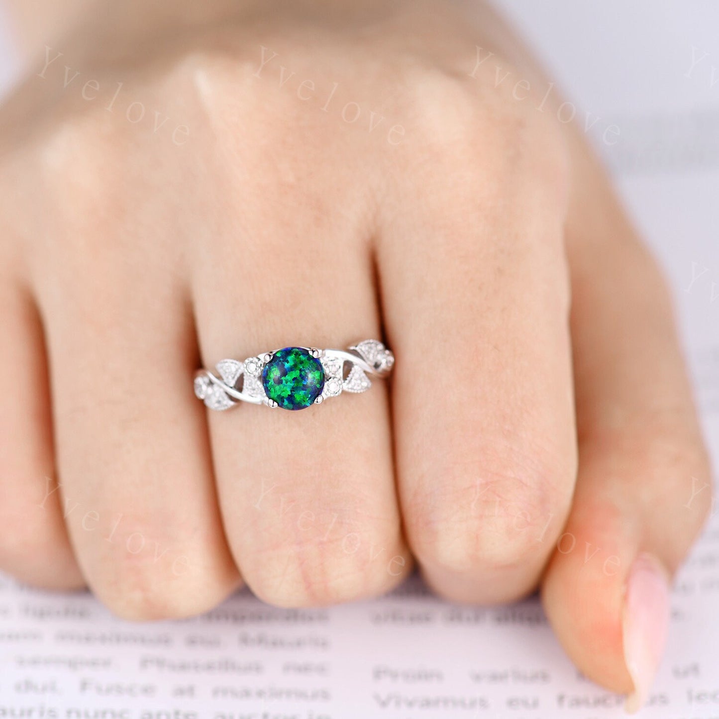 Vintage Black Opal Engagement Ring White Gold Blue Opal Diamond Wedding Ring Bridal Ring October Birthstone Promise Anniversary Gift For Her