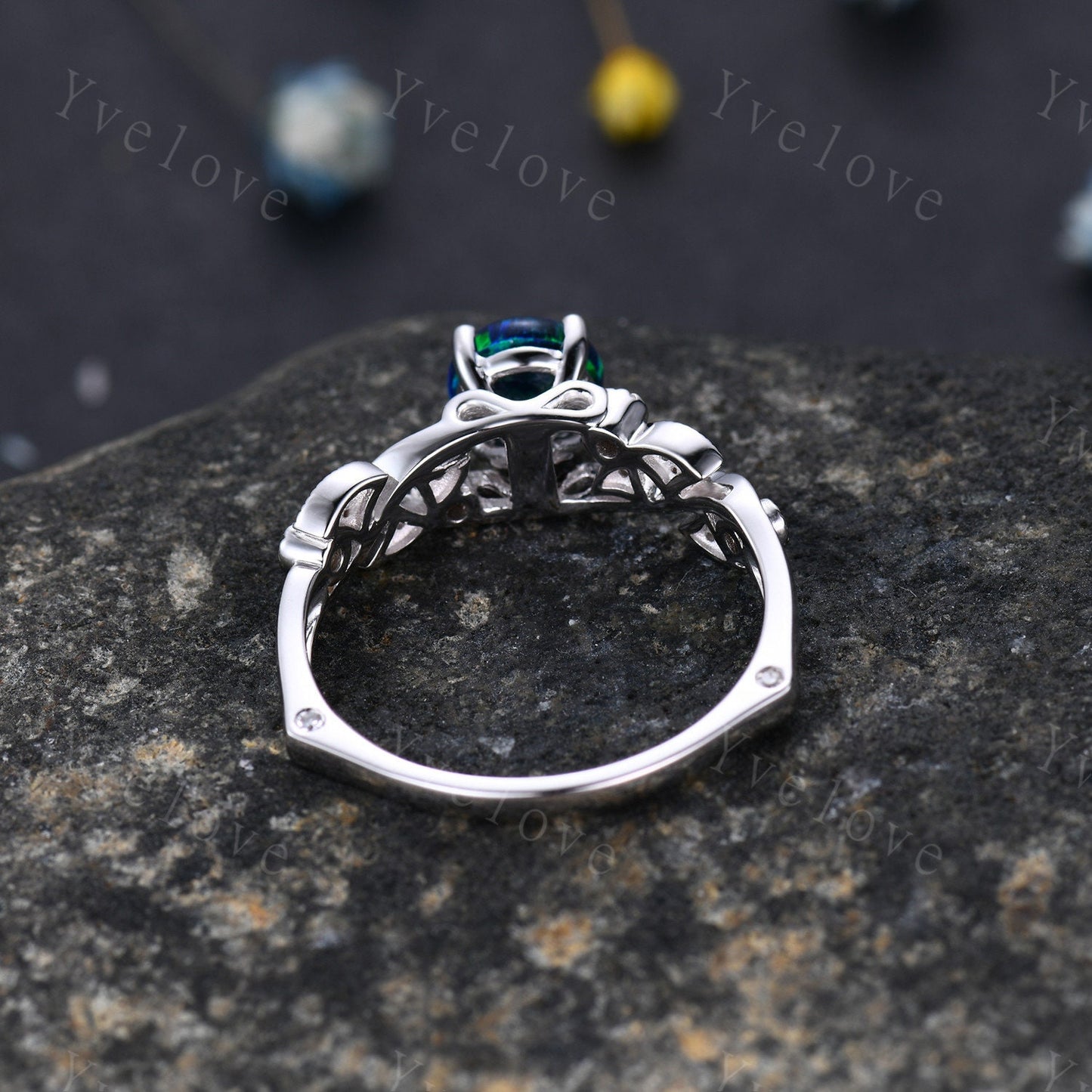 Vintage Black Opal Engagement Ring White Gold Blue Opal Diamond Wedding Ring Bridal Ring October Birthstone Promise Anniversary Gift For Her