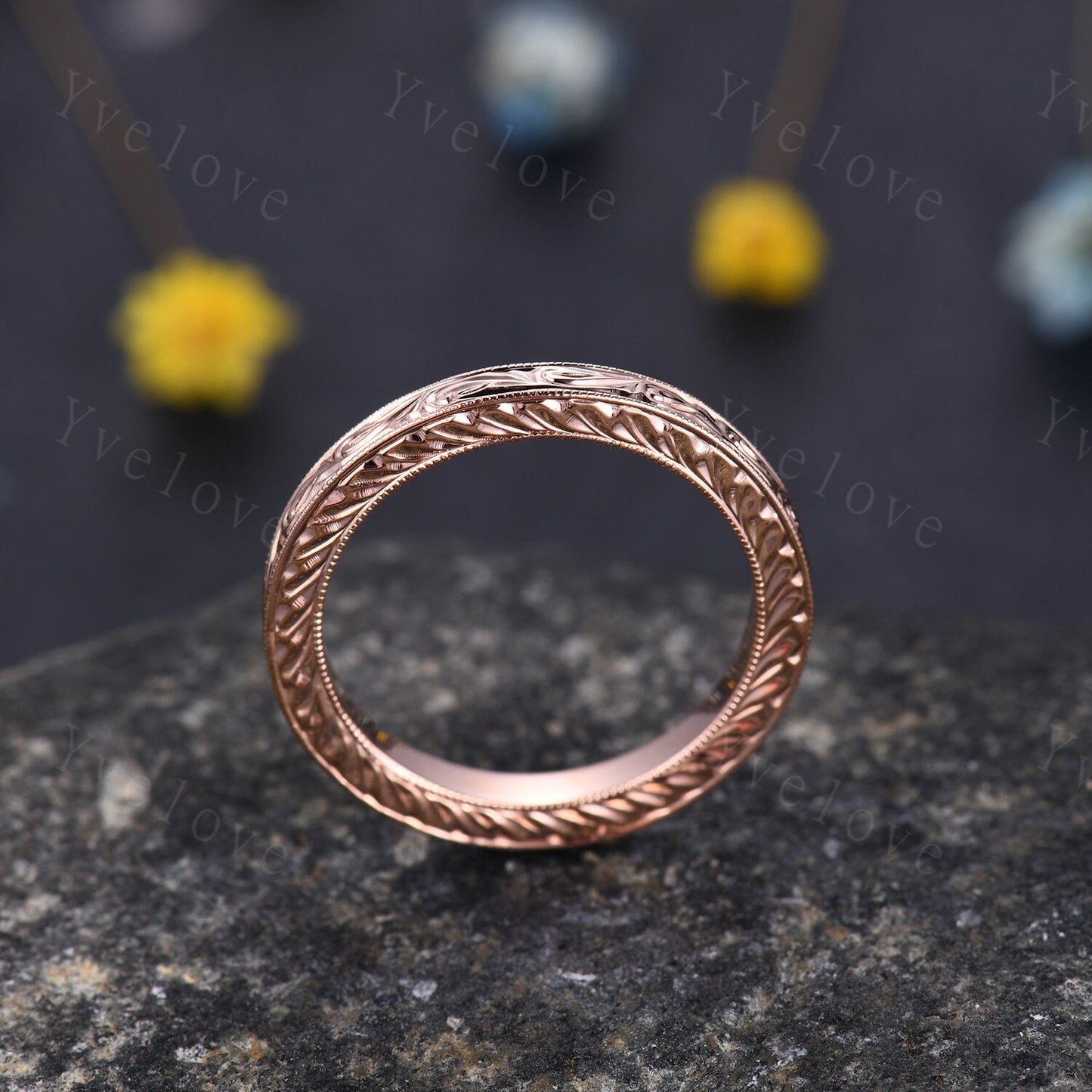 Full Eternity Floral Design,Plain Gold Ring,14k yellow gold,Filigree Milgrain Edge,Wedding Ring,Wedding Band,Anniversary Ring,Retro Vintage