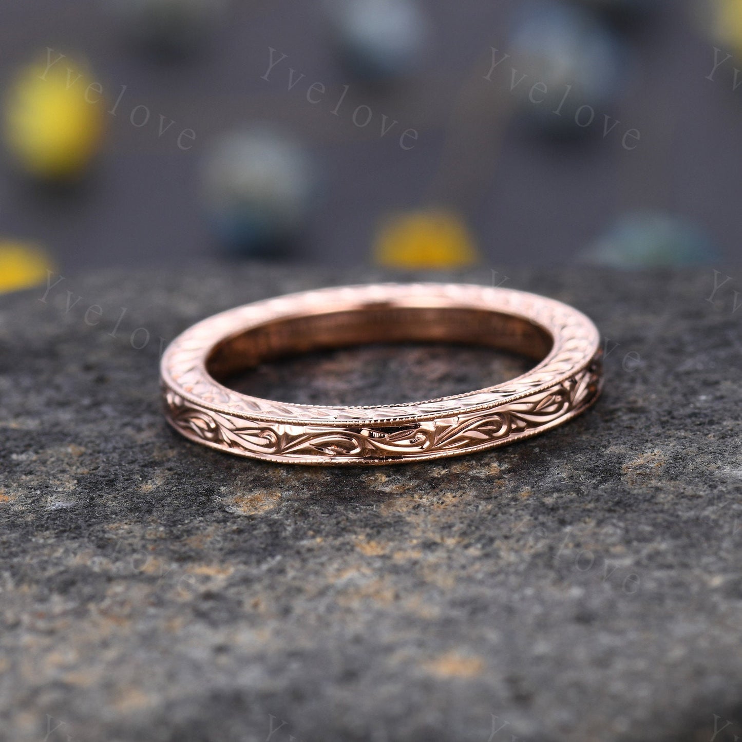 Full Eternity Floral Design,Plain Gold Ring,14k yellow gold,Filigree Milgrain Edge,Wedding Ring,Wedding Band,Anniversary Ring,Retro Vintage