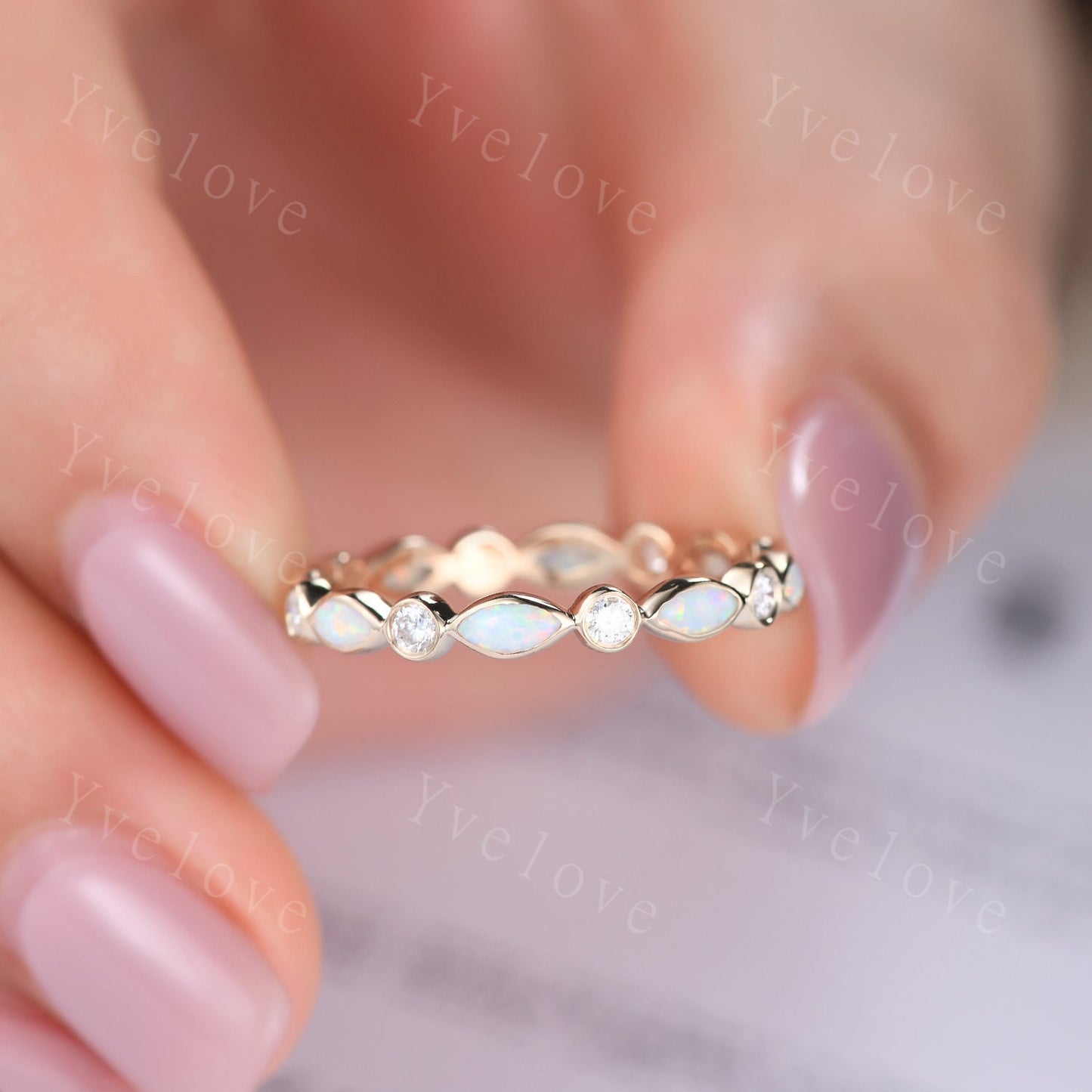 Full eternity white fire Opal wedding ring 14k rose gold diamond wedding band  marquise opal band October Birthstone stacking matching band
