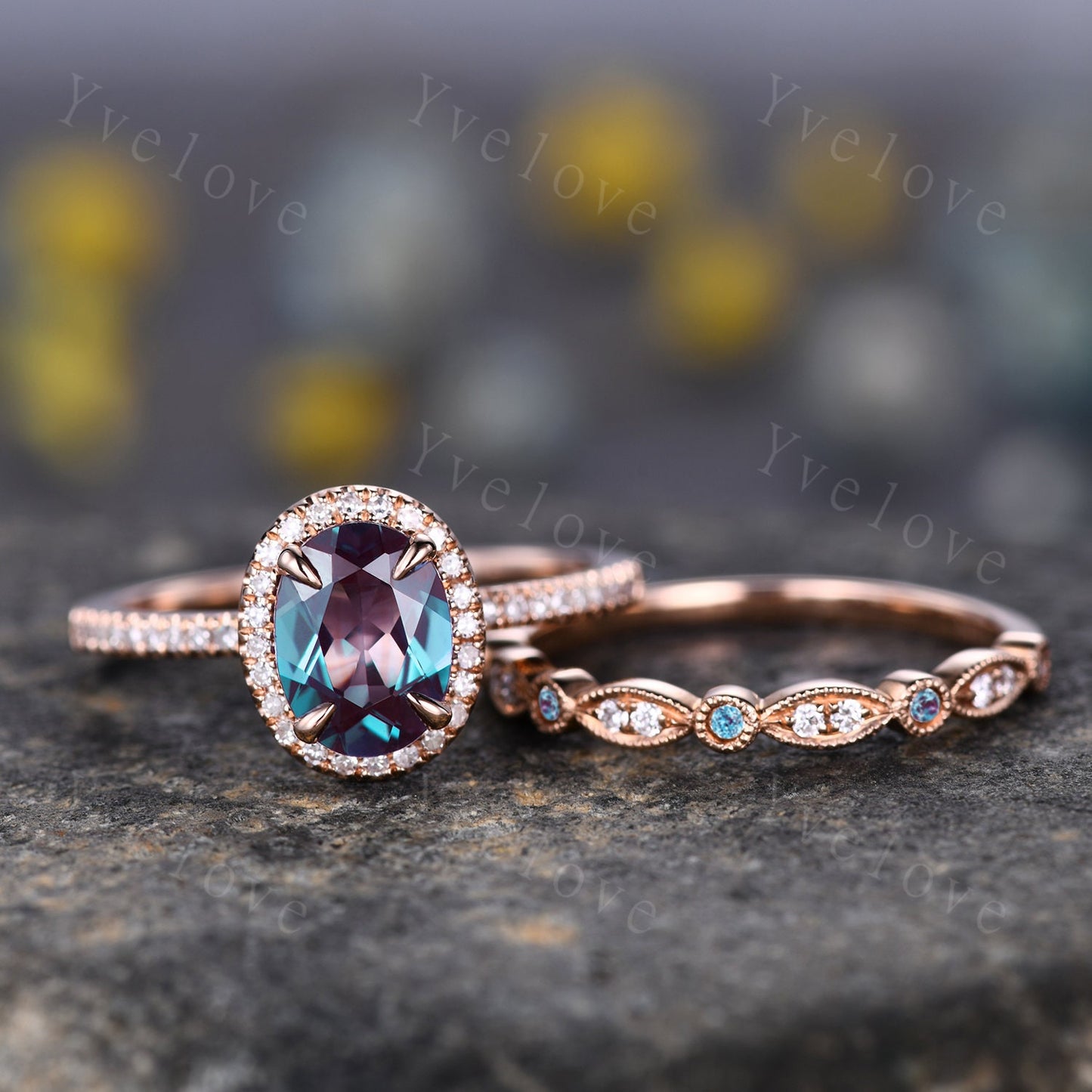 2PC Vintage Oval Cut Alexandrite Engagement Ring Set Halo Moissanite Ring Set Art Deco Bridal Wedding Ring Set Rose Gold Ring Set For Women