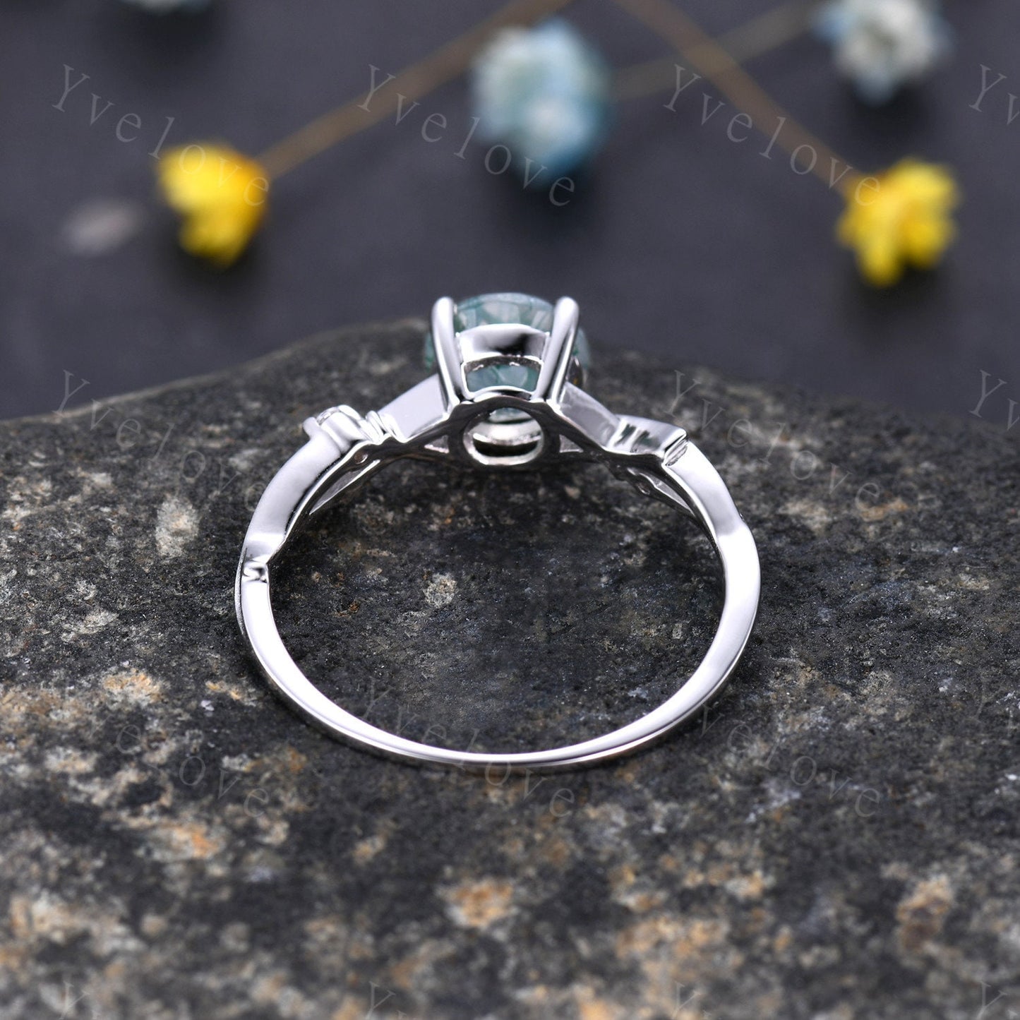 Unique Moss Agate Engagement Ring Set,Vintage Diamond Ring Set,Branch Ring,Sterling Sliver,Twisted Ring Promise Bridal Set,Green Agate Ring