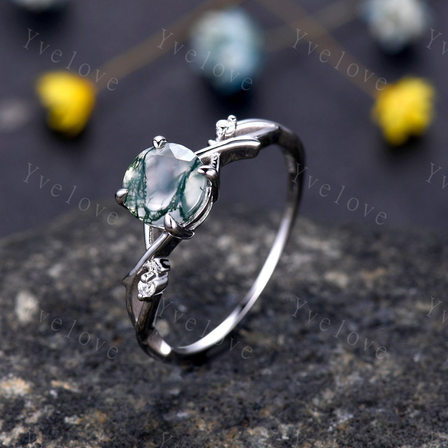 Unique Moss Agate Engagement Ring Set,Vintage Diamond Ring Set,Branch Ring,Sterling Sliver,Twisted Ring Promise Bridal Set,Green Agate Ring