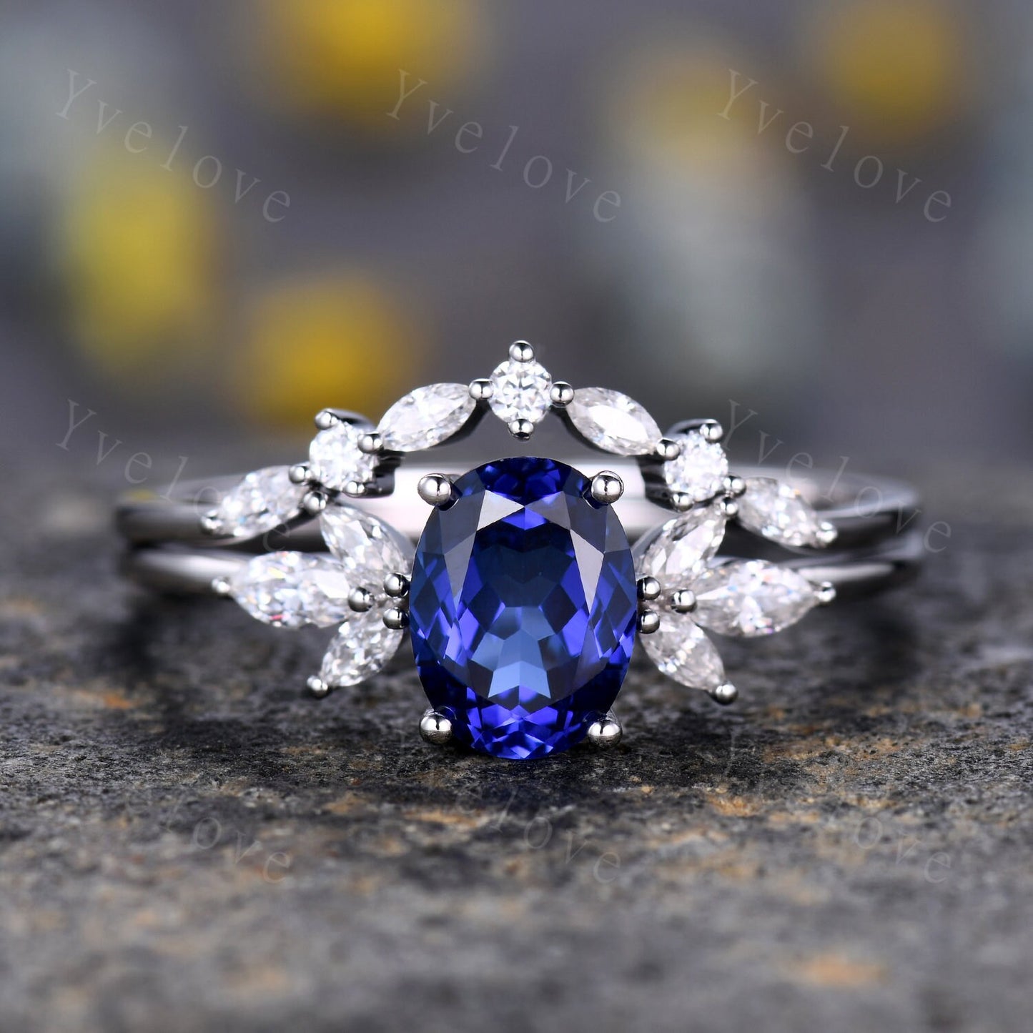 Blue Sapphire Ring Oval Sapphire Engagement Ring 14k White Gold Women Moissanite Sapphire Wedding Ring Set Art Deco Stacking Bridal Set 14k