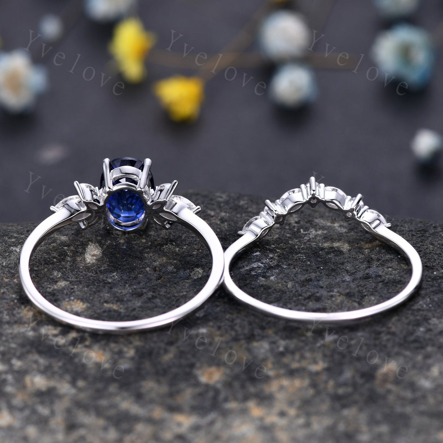 Blue Sapphire Ring Oval Sapphire Engagement Ring 14k White Gold Women Moissanite Sapphire Wedding Ring Set Art Deco Stacking Bridal Set 14k