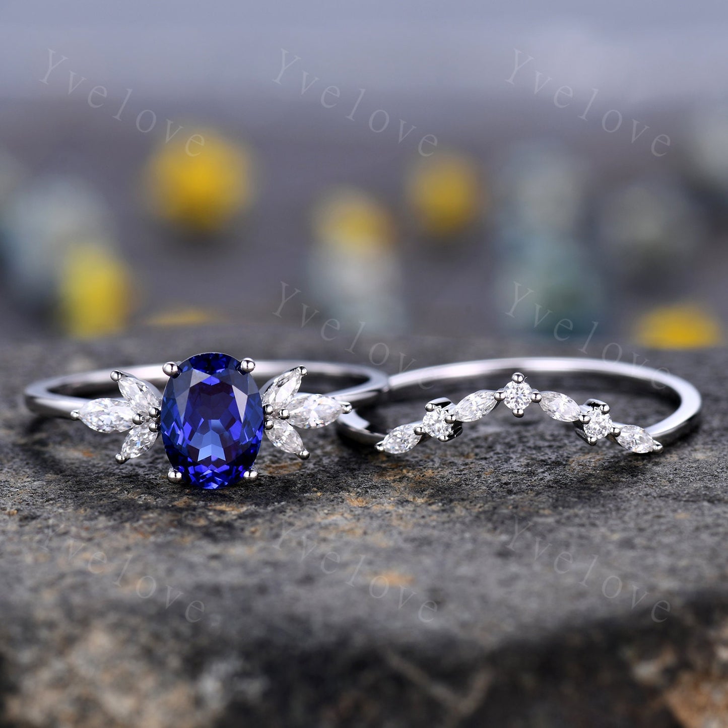 Blue Sapphire Ring Oval Sapphire Engagement Ring 14k White Gold Women Moissanite Sapphire Wedding Ring Set Art Deco Stacking Bridal Set 14k