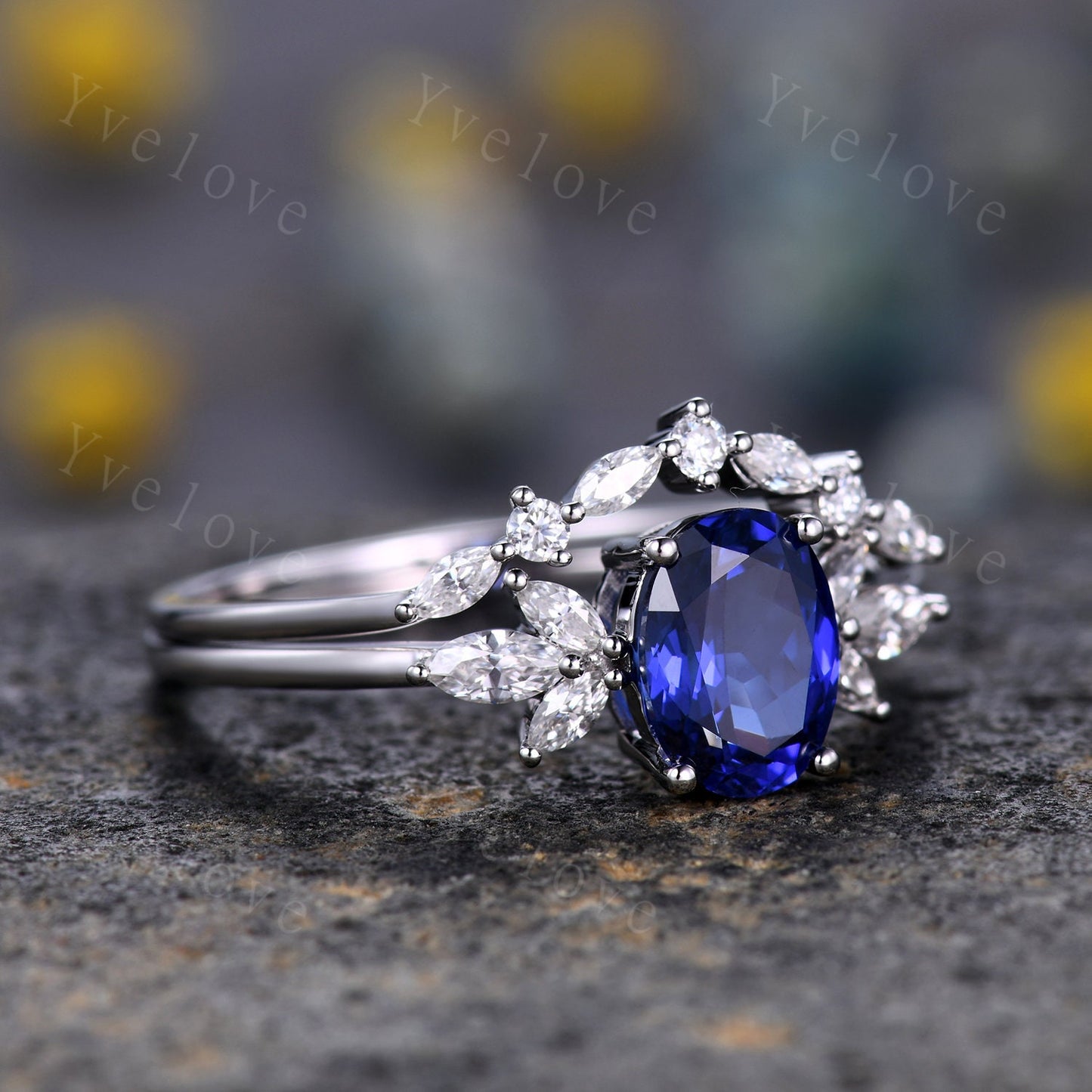 Blue Sapphire Ring Oval Sapphire Engagement Ring 14k White Gold Women Moissanite Sapphire Wedding Ring Set Art Deco Stacking Bridal Set 14k