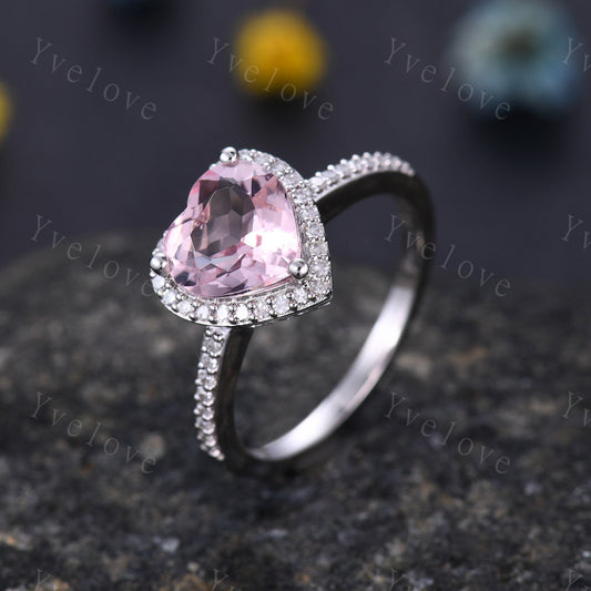 8mm Heart Shape Morganite Engagement Ring Pink Morganite Ring  Natural Gemstone Ring Diamond Ring Diamond Wedding Band Solid 14k White Gold