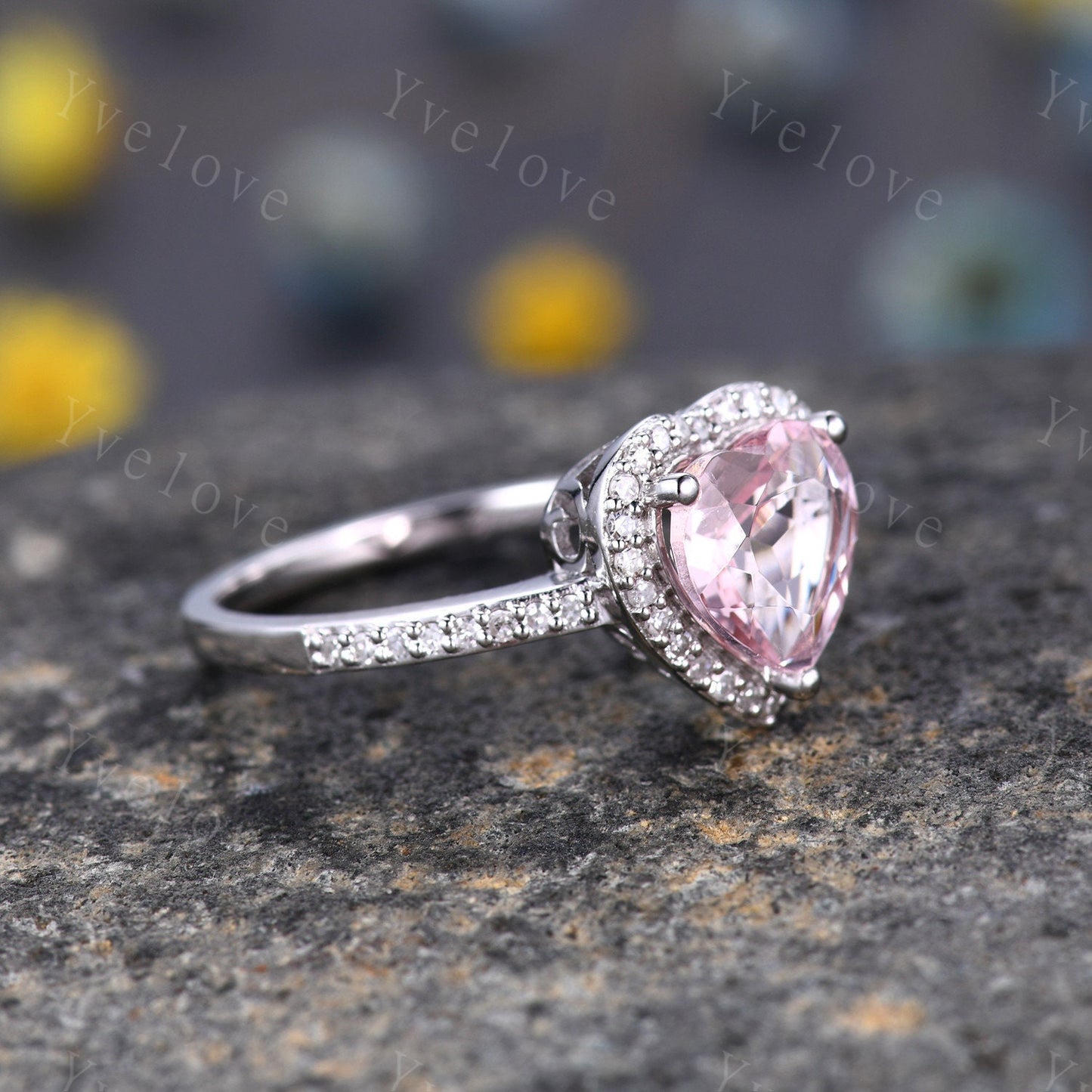 8mm Heart Shape Morganite Engagement Ring Pink Morganite Ring  Natural Gemstone Ring Diamond Ring Diamond Wedding Band Solid 14k White Gold