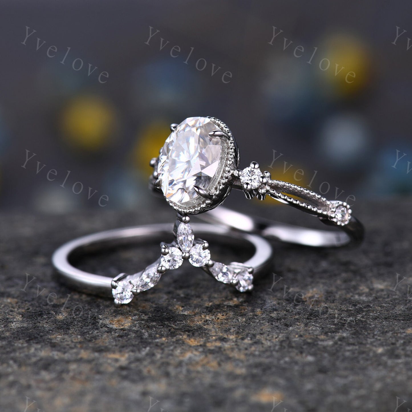 Oval moissanite engagement ring set white gold vintage engagement ring unique cluster marquise diamond wedding anniversary women ring set