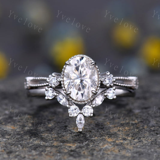 Oval moissanite engagement ring set white gold vintage engagement ring unique cluster marquise diamond wedding anniversary women ring set