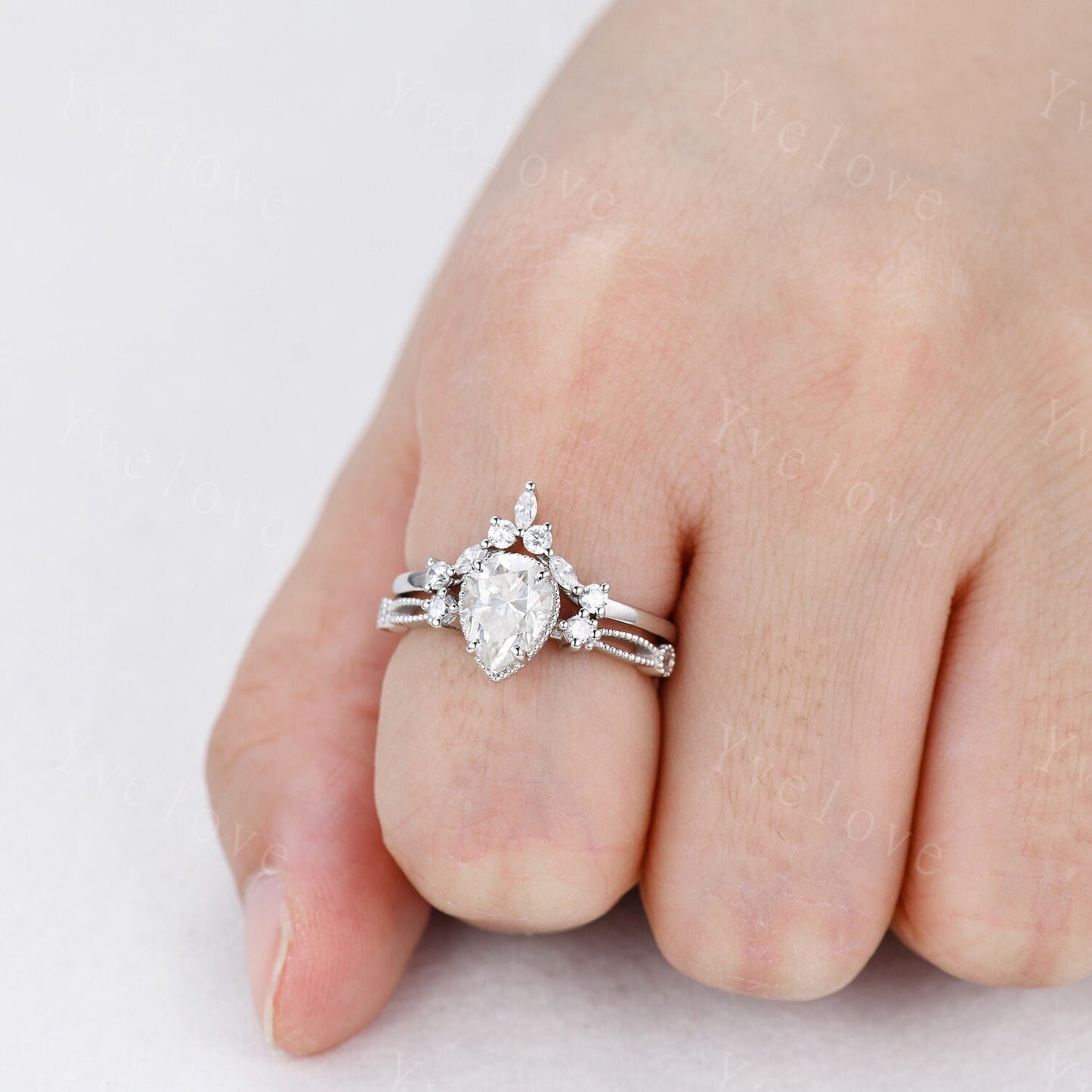 Pear moissanite engagement ring set white gold vintage engagement ring unique cluster marquise diamond wedding anniversary women ring set
