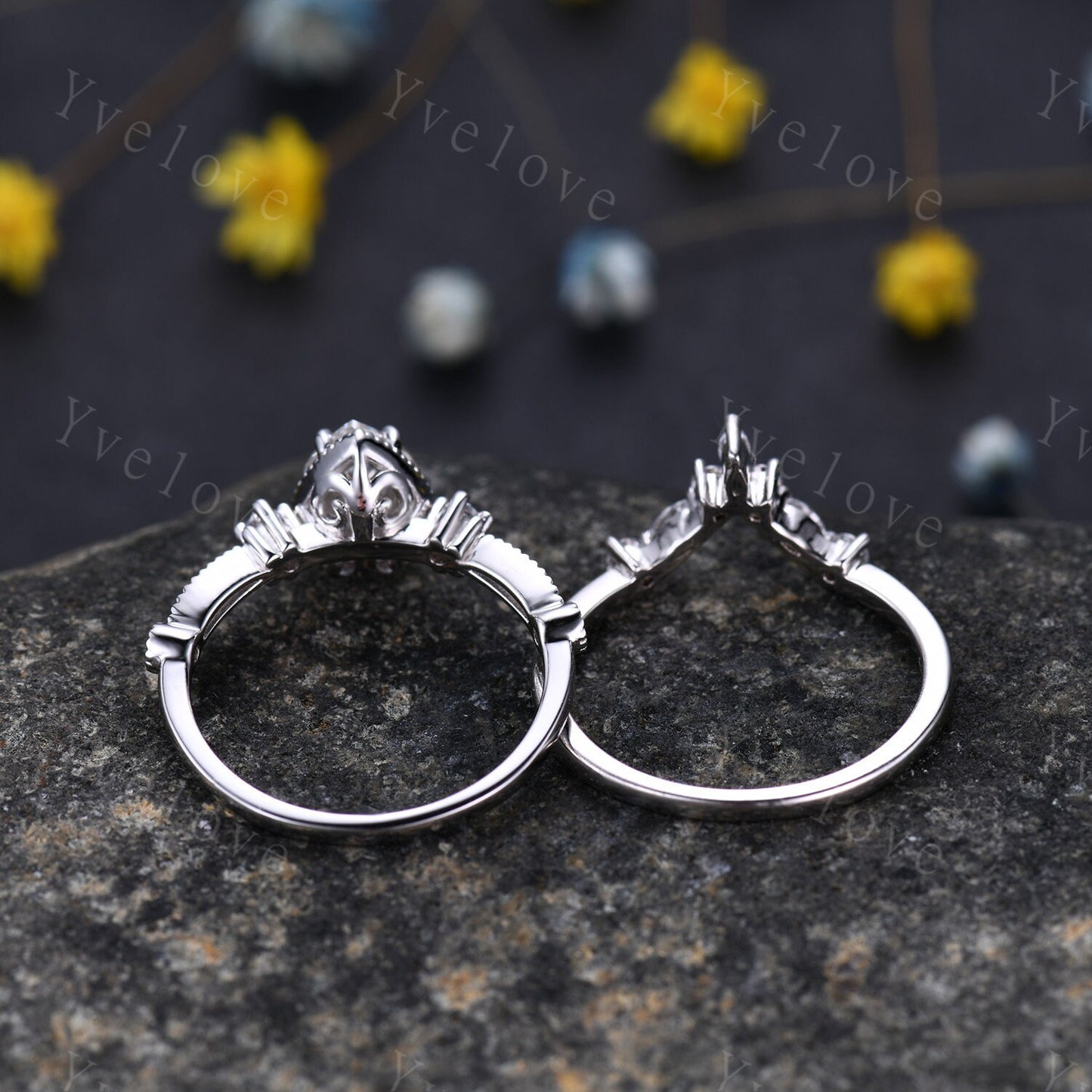 Pear moissanite engagement ring set white gold vintage engagement ring unique cluster marquise diamond wedding anniversary women ring set