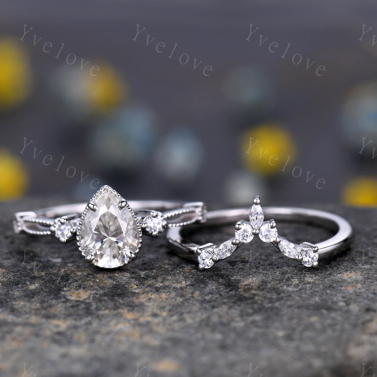 Pear moissanite engagement ring set white gold vintage engagement ring unique cluster marquise diamond wedding anniversary women ring set