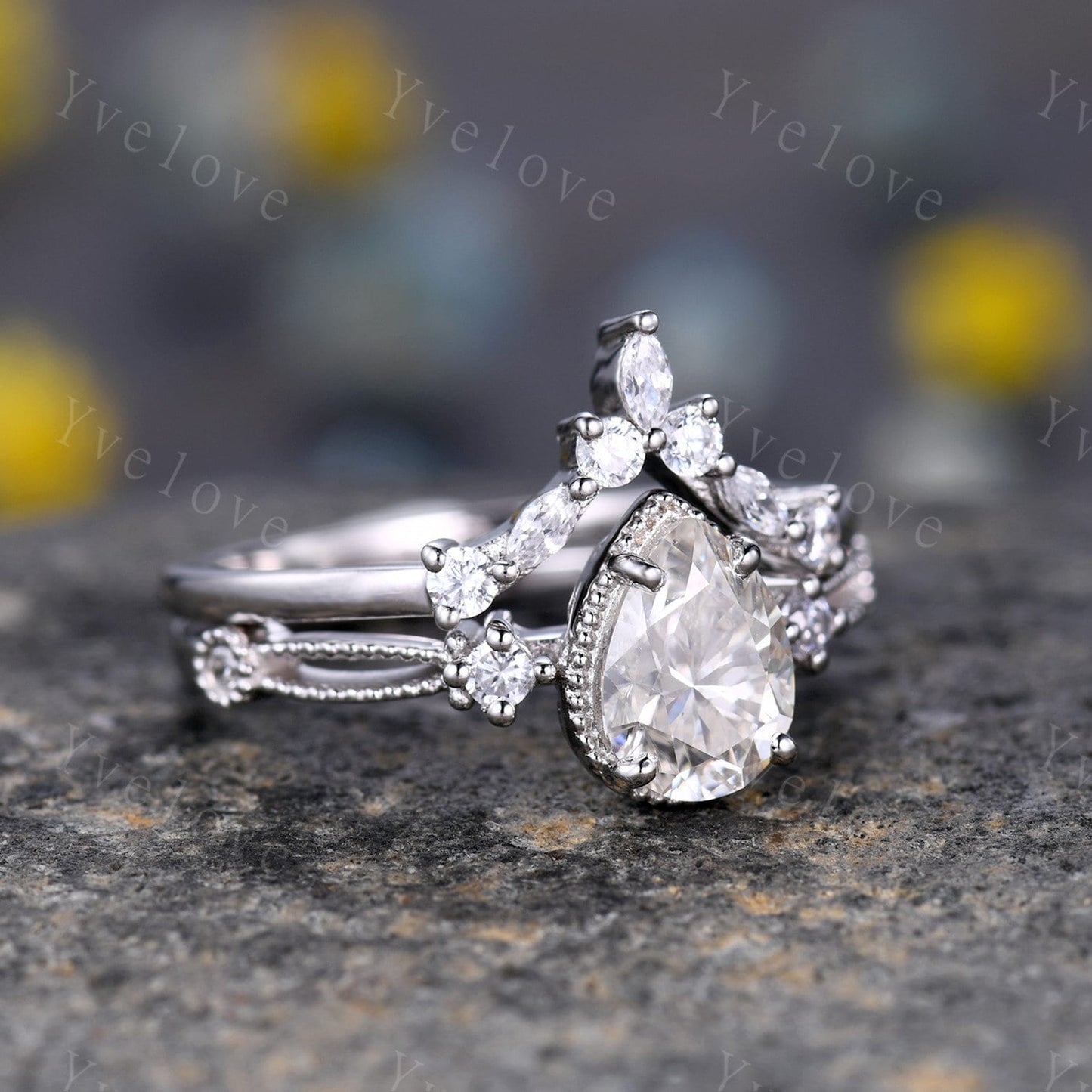Pear moissanite engagement ring set white gold vintage engagement ring unique cluster marquise diamond wedding anniversary women ring set