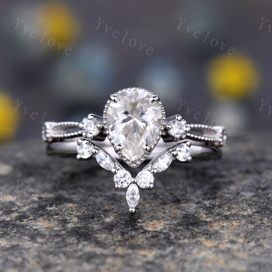 Pear moissanite engagement ring set white gold vintage engagement ring unique cluster marquise diamond wedding anniversary women ring set