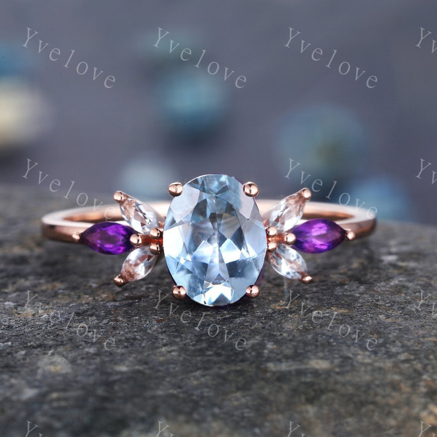 Vintage Aquamarine Engagement Ring set Unique Rose Gold Oval Cut Bridal set Art deco Amethyst curved stacking band promise anniversary rings