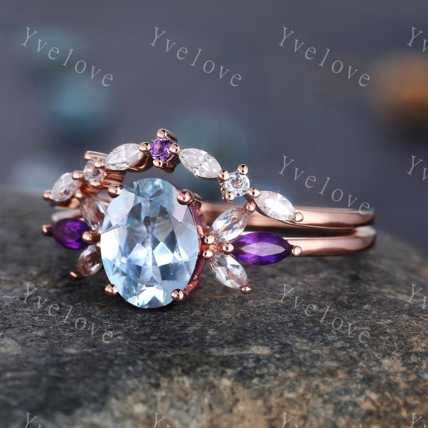 Vintage Aquamarine Engagement Ring set Unique Rose Gold Oval Cut Bridal set Art deco Amethyst curved stacking band promise anniversary rings