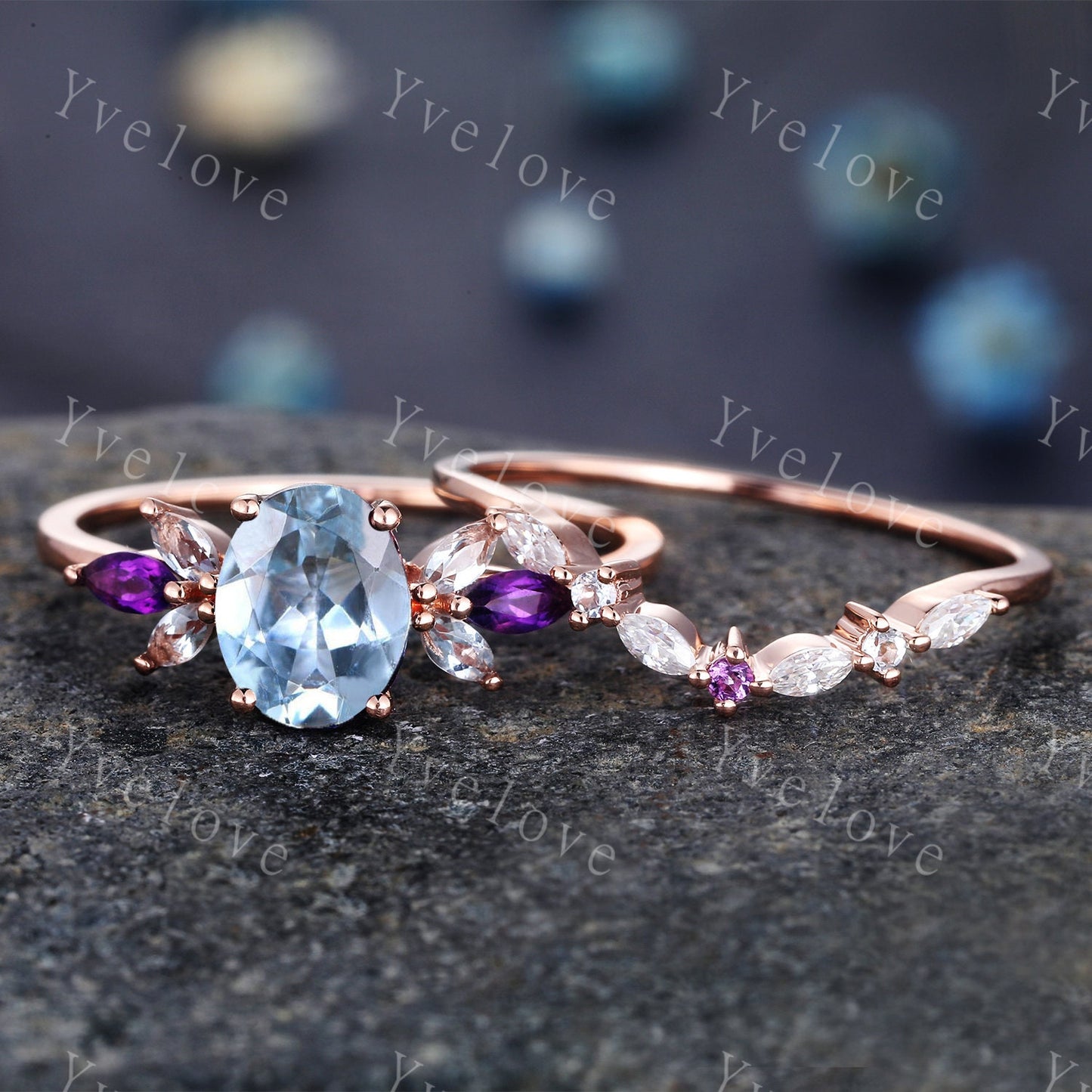 Vintage Aquamarine Engagement Ring set Unique Rose Gold Oval Cut Bridal set Art deco Amethyst curved stacking band promise anniversary rings