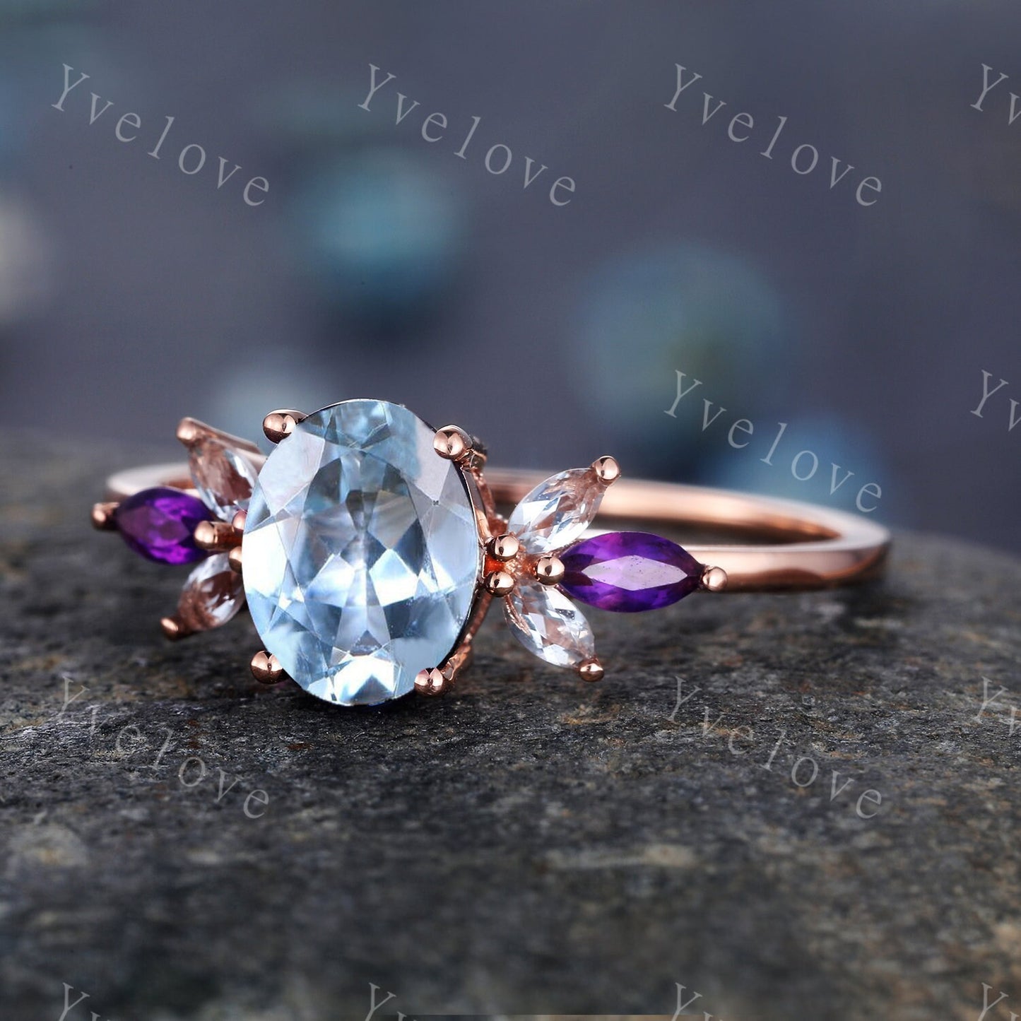Vintage Aquamarine Engagement Ring set Unique Rose Gold Oval Cut Bridal set Art deco Amethyst curved stacking band promise anniversary rings