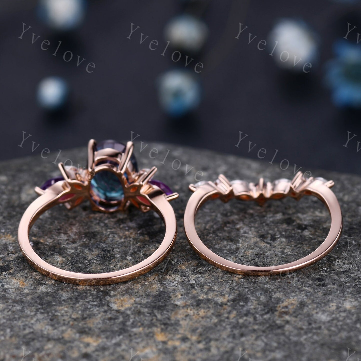Vintage Aquamarine Engagement Ring set Unique Rose Gold Oval Cut Bridal set Art deco Amethyst curved stacking band promise anniversary rings