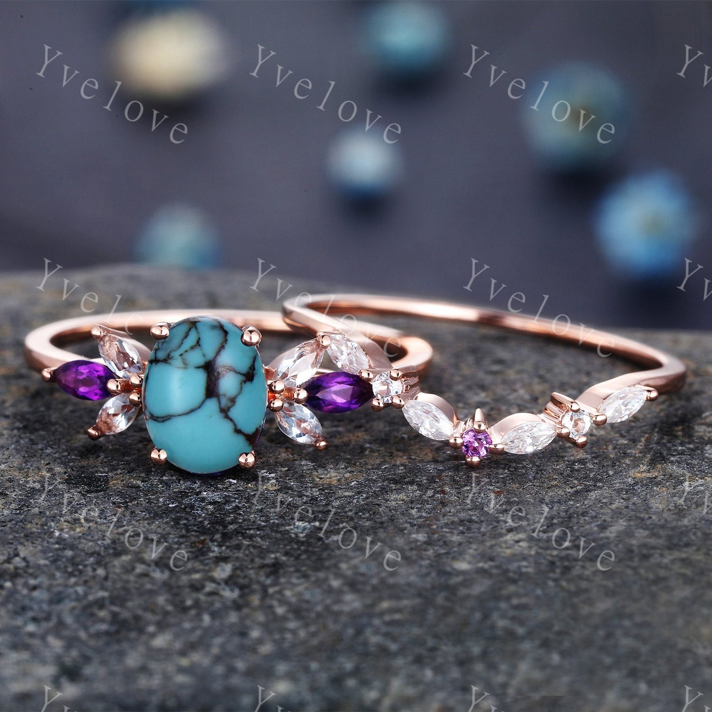 Vintage Oval Turquoise Engagement Ring Set Rose Gold Women Moissanite Amethyst Gem Matching Band December birthstone Valentines day gift