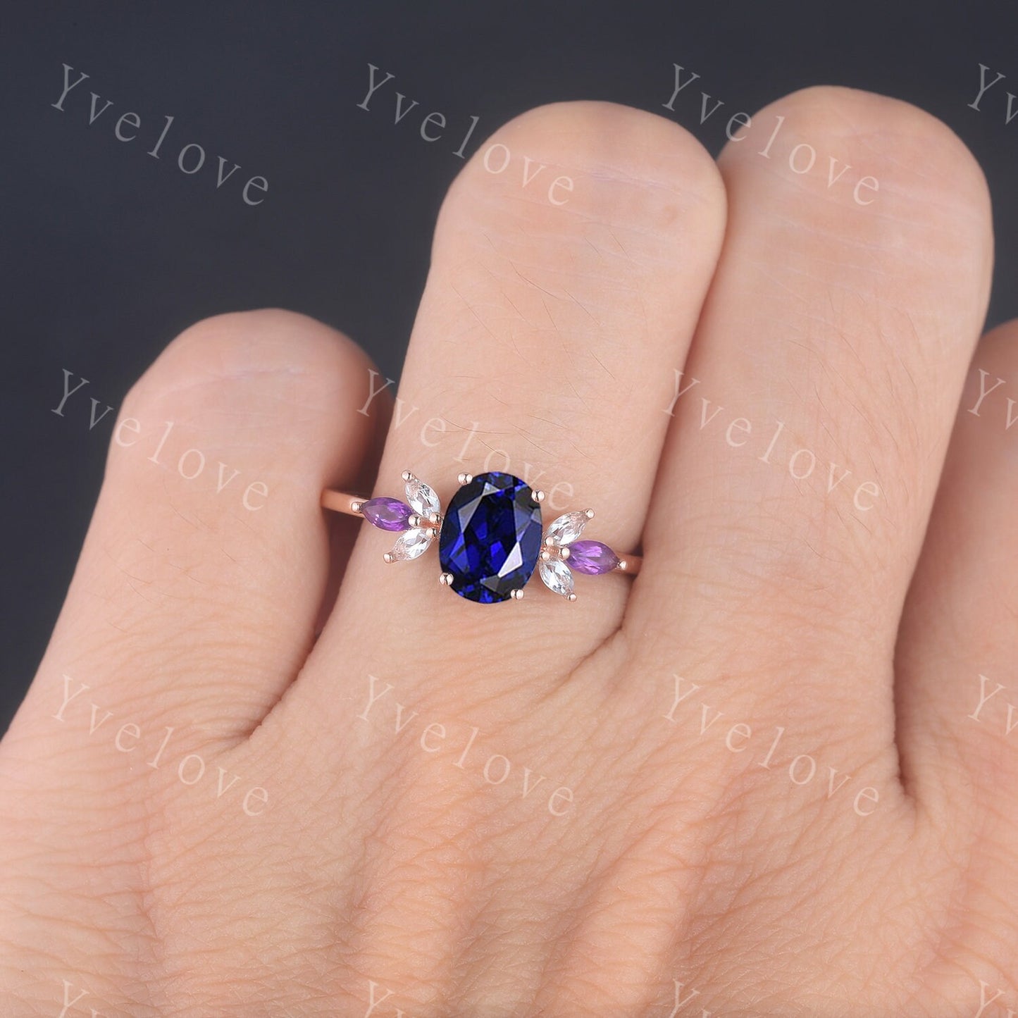 Vintage Sapphire Engagement Ring Set Rose Gold Women Moissanite Amethyst Gem Matching Band Promise Bridal Stacking Ring Set Gift for her
