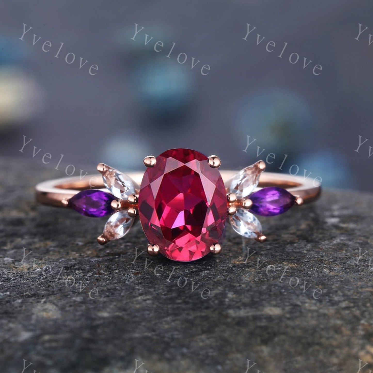 Vintage Ruby Engagement Ring Set 14k Rose Gold Women Moissanite Amethyst Gem Matching Band Promise Bridal Stacking Ring Set Gift for her