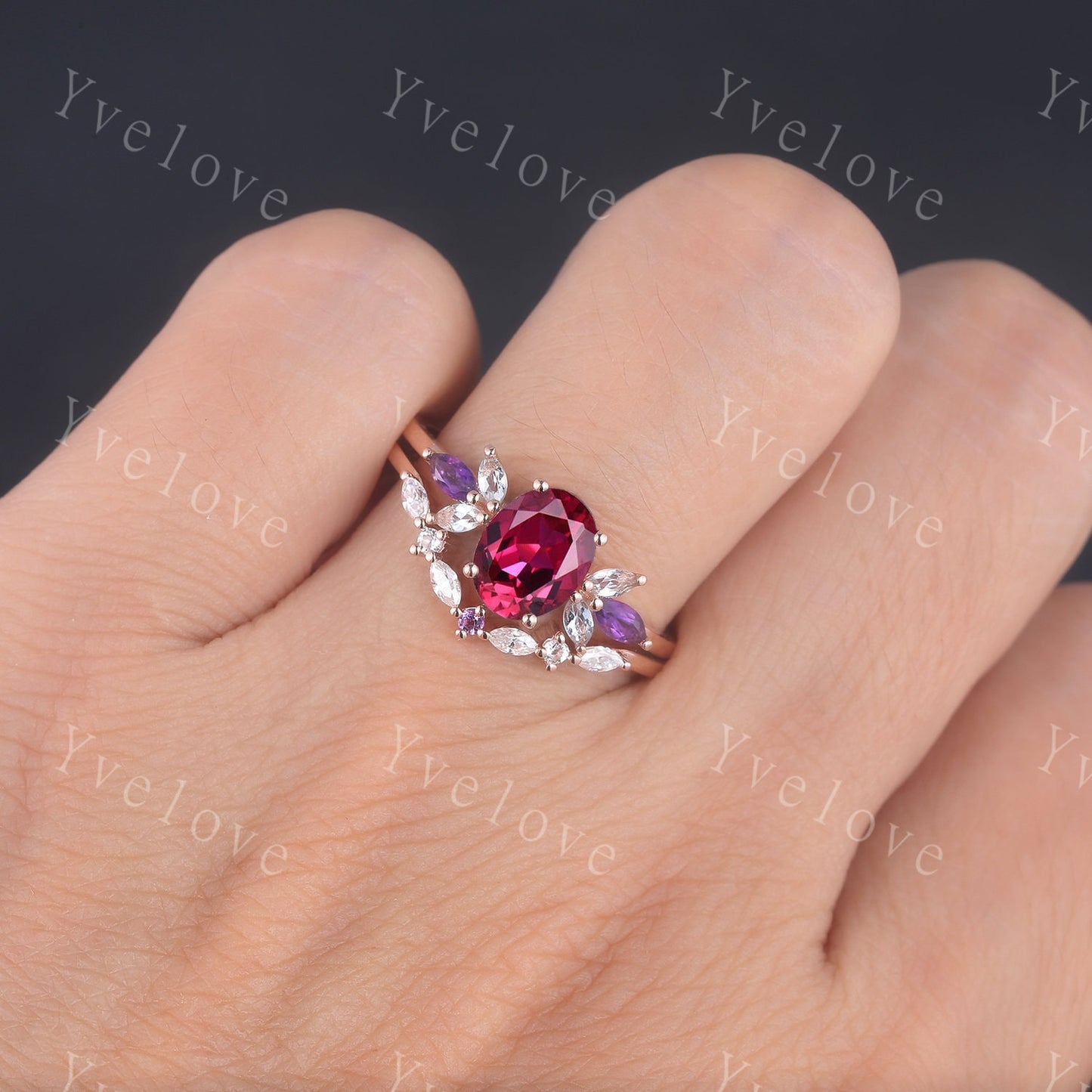 Vintage Ruby Engagement Ring Set 14k Rose Gold Women Moissanite Amethyst Gem Matching Band Promise Bridal Stacking Ring Set Gift for her